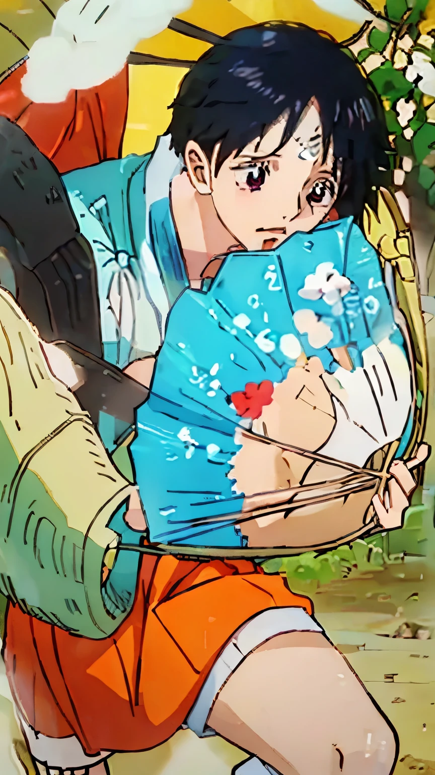 Quiero que me hagas un fan art del personaje flapjack, but in anime version. The character must look like a 16-year-old teenager, es decir, que debe ser alto, It has to have more defined features, with a mischievous and flirtatious expression. Su cabello es rubio rizado hacia los lados y en la frente. Sus ojos son azules, su piel es blanca y tiene pecas. The clothes he wears are a white and red striped shirt and shorts with suspenders and some boots. I would like the background to be a port or melle.
