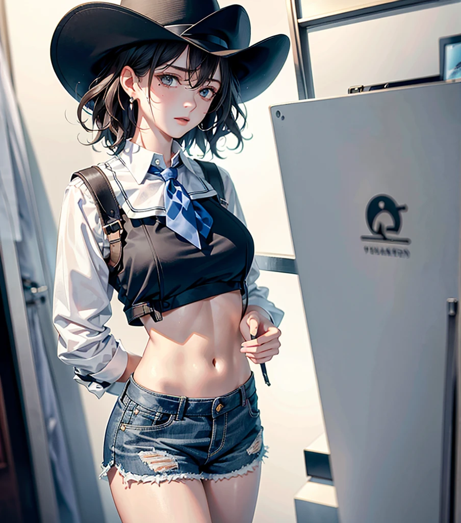 absurdres, RAW photo, extremely delicate and beautiful, masterpiece, Best Quality, ultra high resolution, 32k, hyperrealistic, ultra-detailed, perfect anatomy, anatomically correct, perfect figure, super Detailed skin, pale skin, 20 years old, very Slim body, narrow waist, very small head, very small face, delicate facial features, detailed face, detailed eyes, tearful mole, earring, thin legs, bare legs, (very huge round breasts), short medium hair, ((wavy hair)), wet clothes, solo, collared white shirt, ((cowgirl costume)), vest, cowboy hat, fingerless gloves, midriff, neckerchief, shorts, holster,