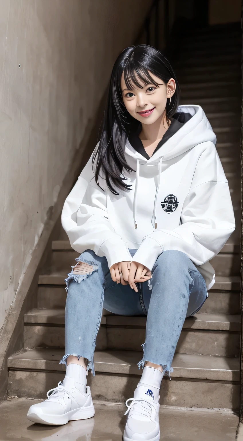 highest quality, Realistic, Very detailed, Finer details, High resolution, 8k wallpaper, One beautiful woman,Sit on the stairs、（Wear black socks）smile、（Beautiful teeth alignment、）（Gums are visible） Oversized hoodie, Skinny jeans,（ Black sneakers）、Black Hair、 Beautiful Bangs、ear piercing、Perfect dynamic composition, Beautiful and detailed, Full Body Shot, A big smile Wearing colorful socks