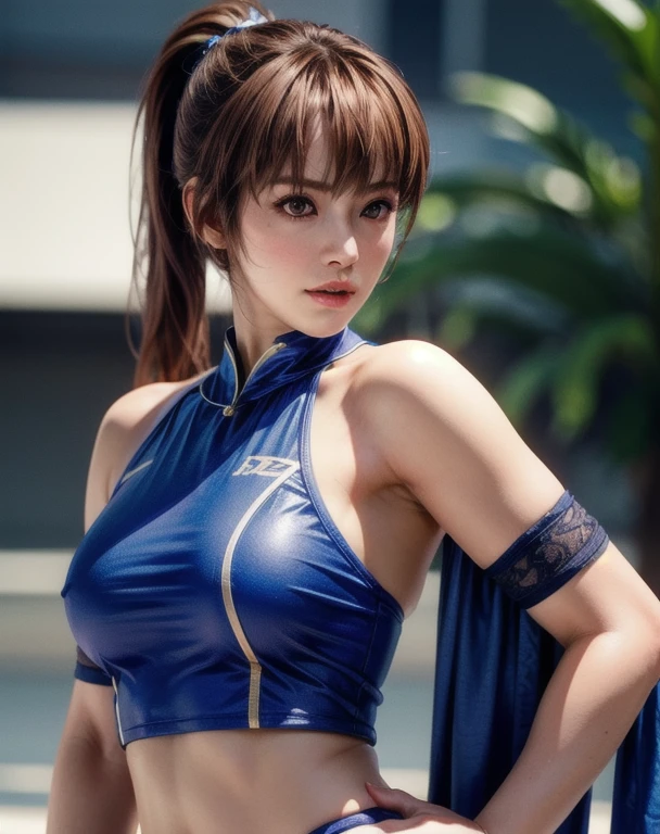 Medium shot of haze, Young face, Brown Hair, ponytail, Blue martial arts uniform, heart, Pelvic Curtain, alone, Side lighting, Shallow and sharp depth of field,(Very detailed),Realistic, (masterpiece), (High resolution), (8k wallpaper)