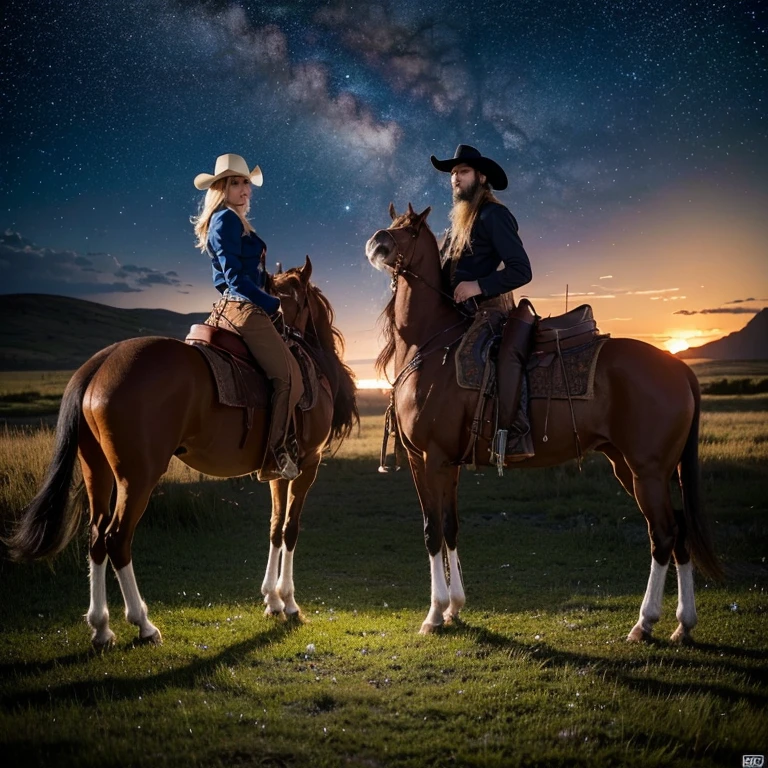 Wide angle view, 4K, pretty woman Cowboy, prairie setting, cowboy smoking a cigarette with a golden pistol at his side, stallion standing next to him, limited palette, backdrop filled with a starry night, dynamic lighting, in the combined style of Ilya Repin and Salvador Dali