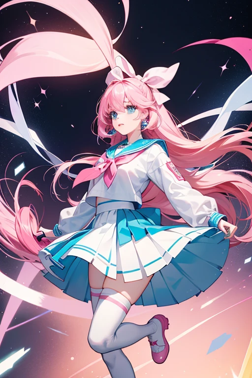 she has pale skin and long, straight, pink hair. She wears a large, multicolored bow that resembles a computer ribbon cable. Her eyes are reddish-pink, with highlights that increase as she is complimented by the gamer. She wears a white sailor  with blue trimmings and a pink bow. The collar of the shirt is the same pink, yellow, and blue as her hair bow. She also wears a pleated blue skirt. She wears white thigh-high socks with two pink stripes near the top, with pink shoes. SPARKLE; GLITTER