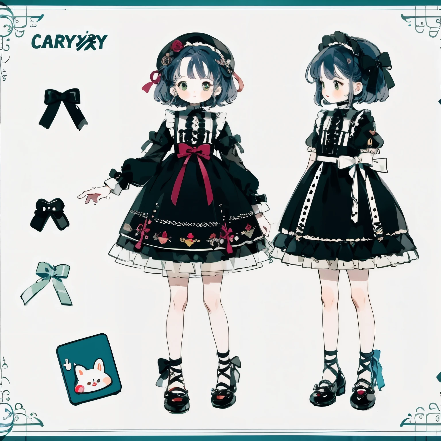 Character Design，Q version，Chibi，cute，Head-to-body ratio，Clothing Design，Lolita whore，Gorgeous Dress，Carly，Very complicated，Exquisite，Green Dress，Bow，ribbon，