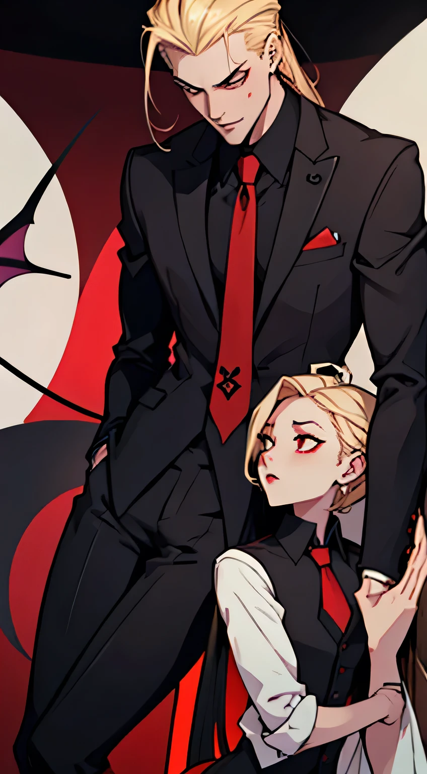 Hazbin Hotel Male Lilith, demon, tall, blonde, muscular, black suit, necktie, handsome, 1male, 1guy