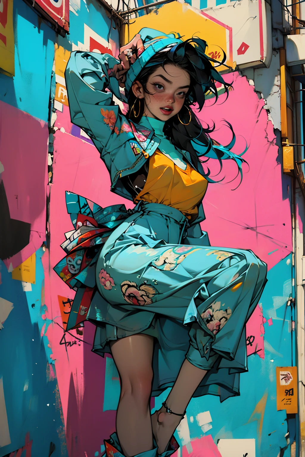 (high resolution:1.2),ultra detallado,realista,Sharp focus,vistoso,Paredes cubiertas de graffiti,street arteist girl,ropa vibrante,cantando apasionadamente,energy efficiency,street arte backdrop,urban atmosphere,escena callejera bulliciosa,ajetreo y bullicio, expresiones faciales expresivas, dynamic pose, accesorios originales, confident stage presence, attention-grabbing fashion style, unique street style, vida nocturna de la ciudad, neon lights illuminating, cultura de la moda callejera, youthful energy, multitud gritando, vibras positivas, arte, zapatillas con estilo, cultura del graffiti urbano, calles salpicadas de pintura, escaparate del talento urbano, vivid colors, imagenes llamativas, High energy performance, Electric atmosphere, musical expression, Estilo de vida urbano