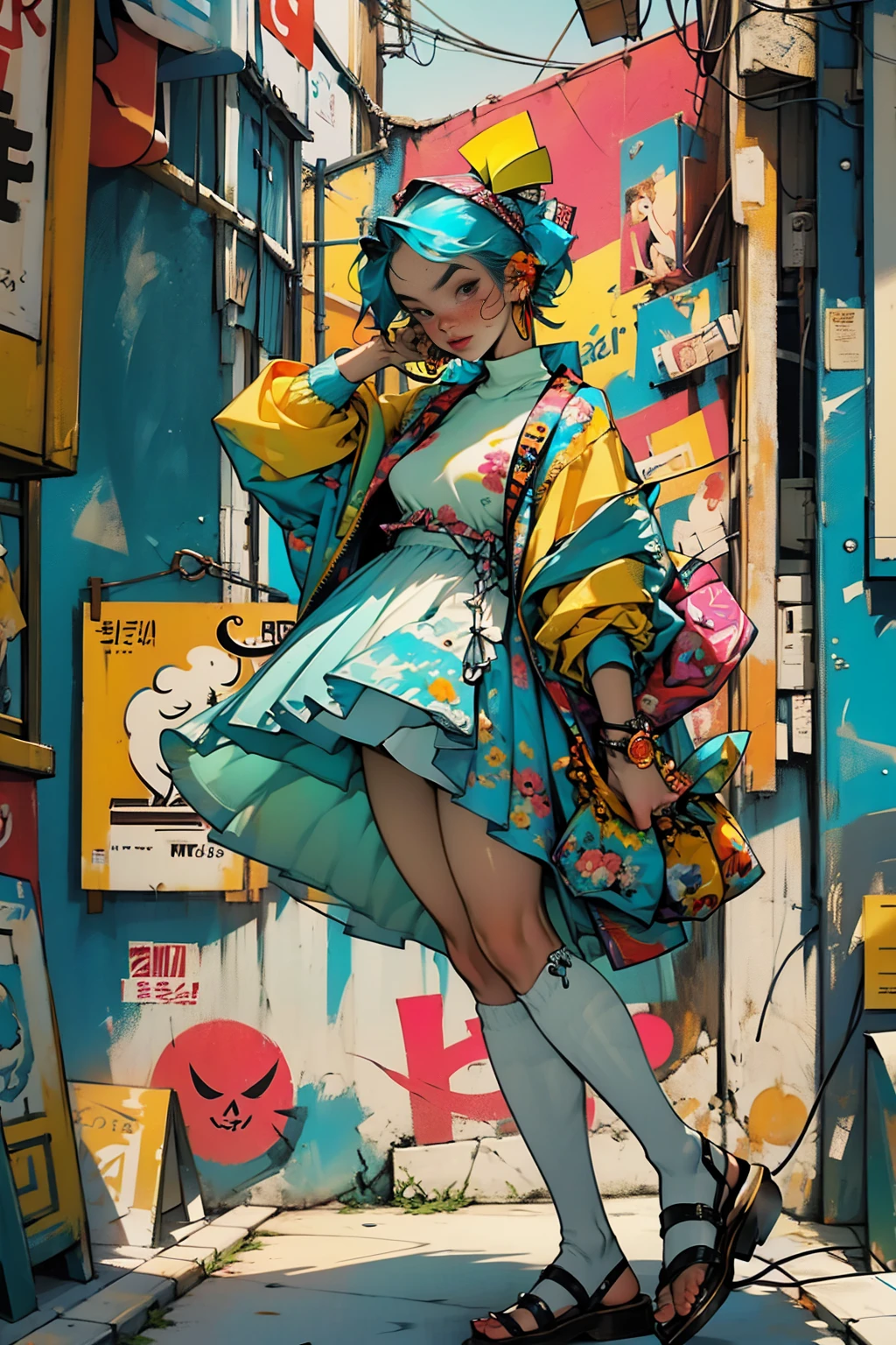 (high resolution:1.2),ultra detallado,realista,Sharp focus,vistoso,Paredes cubiertas de graffiti,street arteist girl,ropa vibrante,cantando apasionadamente,energy efficiency,street arte backdrop,urban atmosphere,escena callejera bulliciosa,ajetreo y bullicio, expresiones faciales expresivas, dynamic pose, accesorios originales, confident stage presence, attention-grabbing fashion style, unique street style, vida nocturna de la ciudad, neon lights illuminating, cultura de la moda callejera, youthful energy, multitud gritando, vibras positivas, arte, zapatillas con estilo, cultura del graffiti urbano, calles salpicadas de pintura, escaparate del talento urbano, vivid colors, imagenes llamativas, High energy performance, Electric atmosphere, musical expression, Estilo de vida urbano