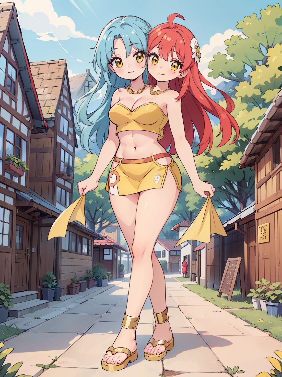 best quality, (masterpiece),(ultra-detailed), (high quality), (high resolution), ((2heads:1.5)), best quality:1.5, highres, UHD, 16K), ((two headed woman)), smiling, highres, masterpiece, ((red hair)), ((blue hair)), ((different hair colors)), cleavage, ((gold yellow crop top:1.5)), lustrous and smooth skin, seductive silhouette, gold rpg fantasy dress, sexy proportions, Beautiful girl with accentuated slender abs, ((full body)), long legs, ((village background:1.5)), ((exposed midriff)) necklace, body con dress, strapless, sleeveless, yellow eyes, ((long hair)), sandals