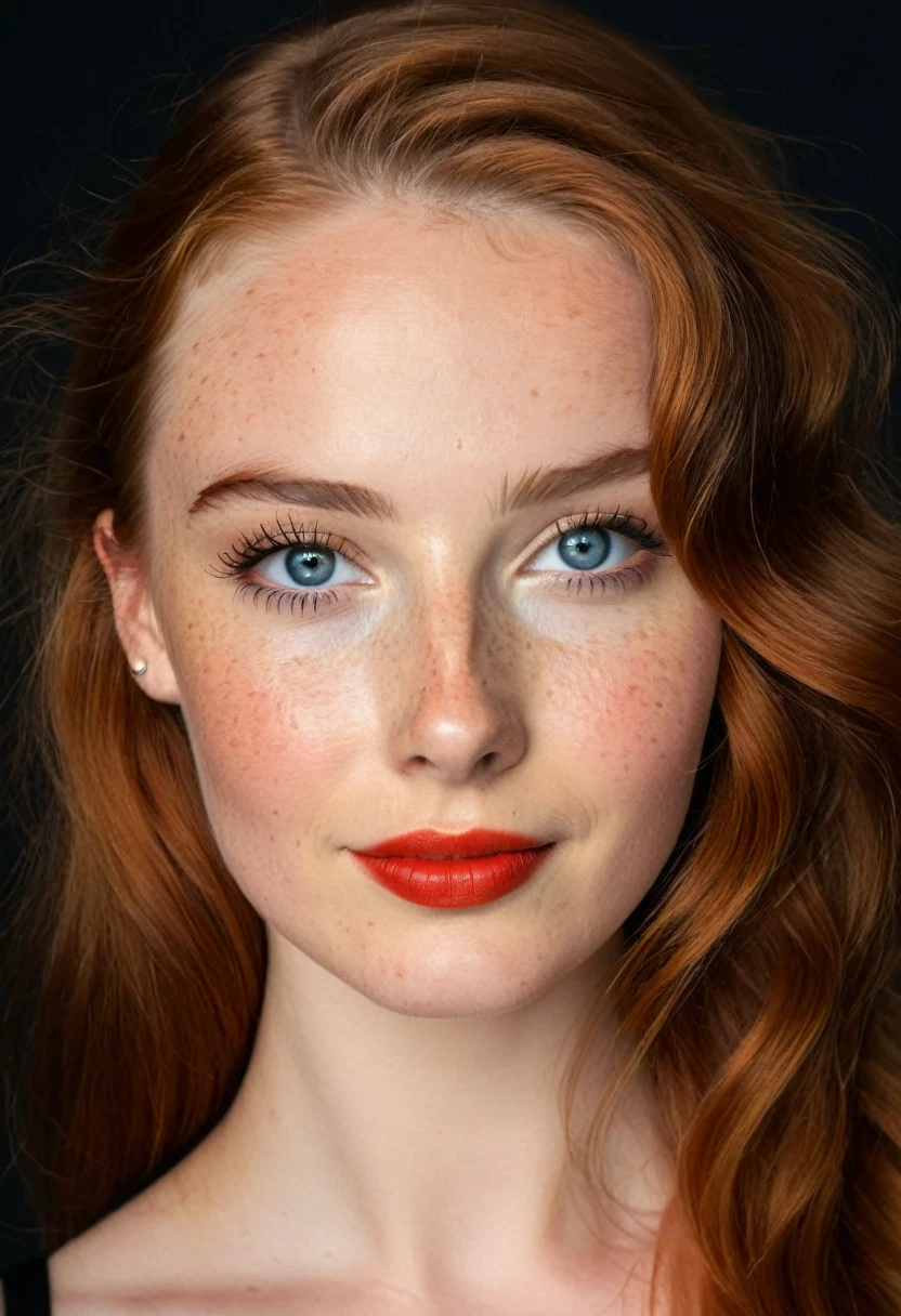 portrait, (big_smile:1.5) with (open_mouth:1.4),(perfect_teeth:1.2), (shiny_metallic_bright-red_lipstick:1.4), (voluminous_long_beautiful_thick_shiny_(ginger_hair:1.2):1.4)_with_large_curls, (intense_expression:1.3),  (orgasm:1.3),(shiny_metallic_copper_eyeshadow:1.4) , ((glossy_skin:1.6)_with_(freckles:1.5):1.2), stunning_((18_year_old_ginger_girl)), (cute_petite_nose:1.5), seductive_(blue_eyes), (long_full_eyelashes:1.2), hyperdetailed photography, soft light, cover_model, (thick_eyebrows:1.3) (gaunt_cheeks), (simple_black_background:1.6),((18_year_old_eleanor_tomlinson_face:1.2) mixed with (18_year_old_margot_robbie_model_face):1.2)