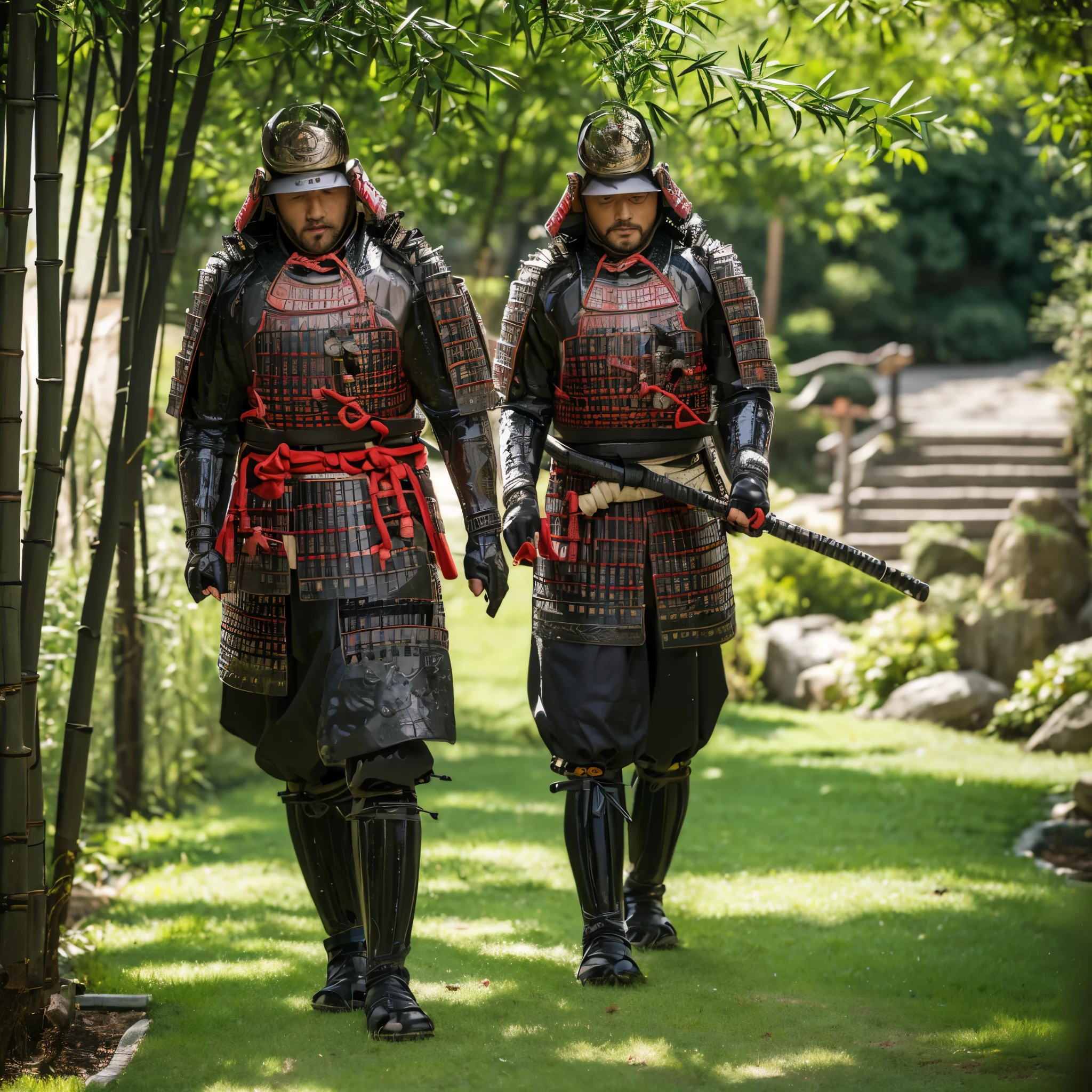 a man wearing heavy samurai armor, wearing ancient samurai helm, iron boots, walking in a Japanese bamboo garden, full body (just one man) (solo man), perfect face, perfect eyes, bloom, hdr, well detailed, ultra resolution, high quality, 8k