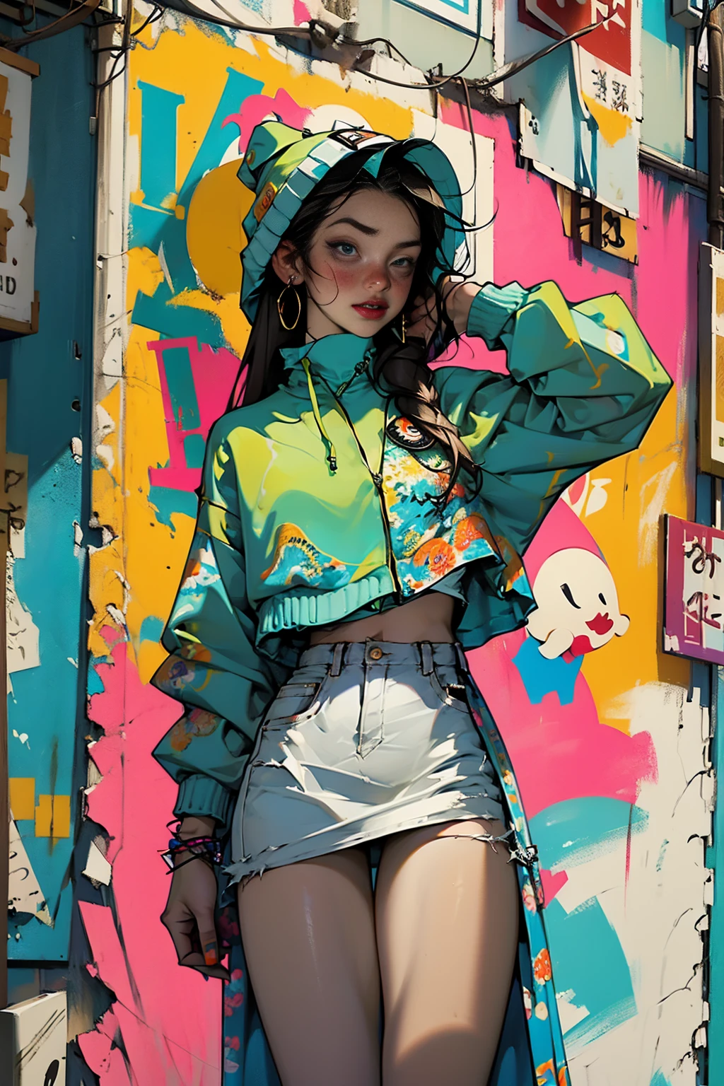 (high resolution:1.2),ultra detallado,realista,Sharp focus,vistoso,Paredes cubiertas de graffiti,street arteist girl,ropa vibrante,cantando apasionadamente,energy efficiency,street arte backdrop,urban atmosphere,escena callejera bulliciosa,ajetreo y bullicio, expresiones faciales expresivas, dynamic pose, accesorios originales, confident stage presence, attention-grabbing fashion style, unique street style, vida nocturna de la ciudad, neon lights illuminating, cultura de la moda callejera, youthful energy, multitud gritando, vibras positivas, arte, zapatillas con estilo, cultura del graffiti urbano, calles salpicadas de pintura, escaparate del talento urbano, vivid colors, imagenes llamativas, High energy performance, Electric atmosphere, musical expression, Estilo de vida urbano