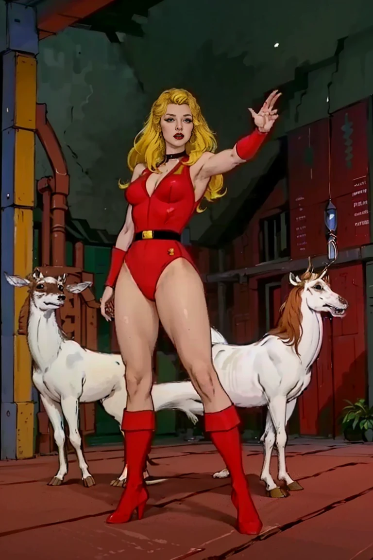 (((full body photo))) raw photo of a 1girl, (solo:1.3), 1girl, blonde hair, Adora, grading: safe, solo, red leotard, leotard, belt, long hair, breasts, middlebreasts, bracer, bracelet, makeup, lipstick, 1980s \ (style\), retro artstyle, dynamic pose, smug smirk, tall and toned body, (muscular body: 1.4), (women's hands: 1.3), dentation, narrow waist, thighs, wide hips, half closed eyes, eyeliner, Cilia , perfect face, detailed eyes, facial lighting, looking at the viewer (masterpiece, high quality: 1.2) (emb-rrf2:1.2) ,(Style-Psycho:1.2)
