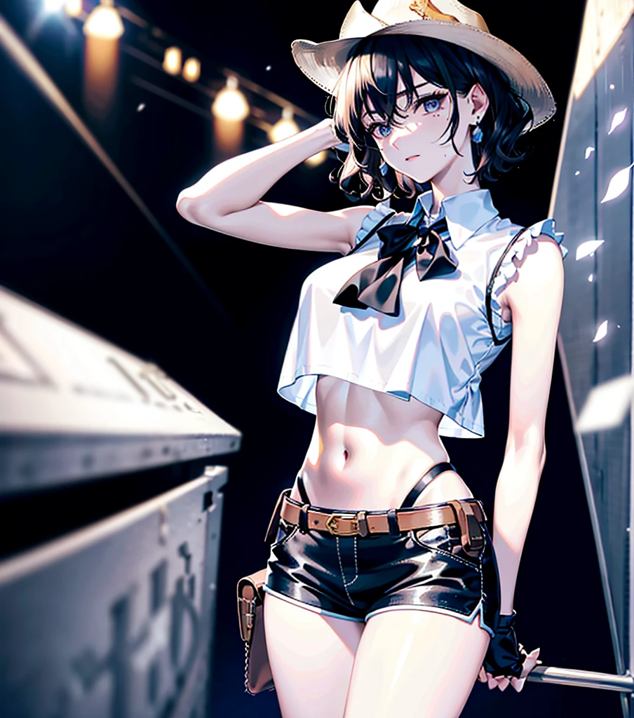 absurdres, RAW photo, extremely delicate and beautiful, masterpiece, Best Quality, ultra high resolution, 32k, hyperrealistic, ultra-detailed, perfect anatomy, anatomically correct, perfect figure, super Detailed skin, pale skin, 20 years old, very Slim body, narrow waist, very small head, very small face, delicate facial features, detailed face, detailed eyes, tearful mole, earring, thin legs, bare legs, (very huge round breasts), short medium hair, ((wavy hair)), wet clothes, solo, collared white shirt, ((cowgirl costume)), vest, cowboy hat, fingerless gloves, midriff, neckerchief, shorts, holster,