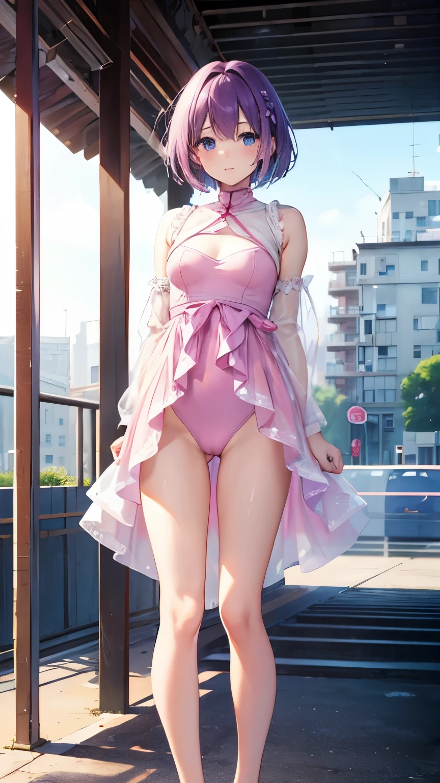 ((masterpiece)), ((highest quality)), High resolution, 1 girl, alone, Pink good、Pink Panties、barefoot, Matching shoes, Looking at the audience, Urban background, Perfect hands, Perfect Eyes, The perfect leotard, Perfect Legs, Perfect Arms, Perfect Fingers, Medium chest, Are standing, Purple Hair, short hair, Bob Hair, blue eyes, Are standing, (whole body),Pink bodysuit、Beautiful Face、Beautiful woman