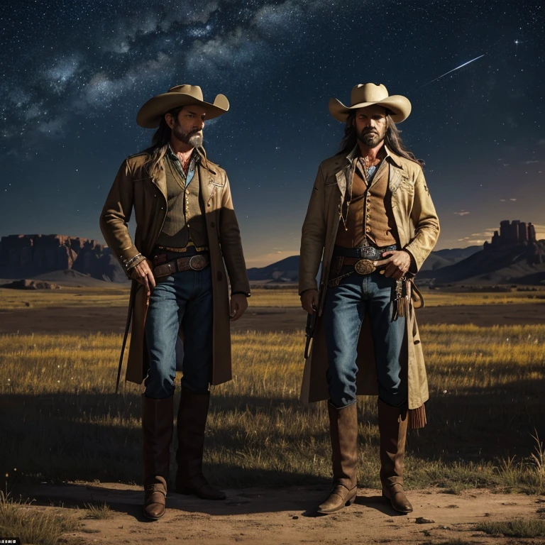 Wide angle view, 4K, pretty woman Cowboy, prairie setting, cowboy smoking a cigarette with a golden pistol at his side, stallion standing next to him, limited palette, backdrop filled with a starry night, dynamic lighting, in the combined style of Ilya Repin and Salvador Dali
