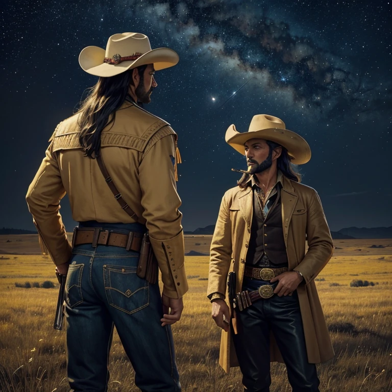 Wide angle view, 4K, pretty woman Cowboy, prairie setting, cowboy smoking a cigarette with a golden pistol at his side, stallion standing next to him, limited palette, backdrop filled with a starry night, dynamic lighting, in the combined style of Ilya Repin and Salvador Dali