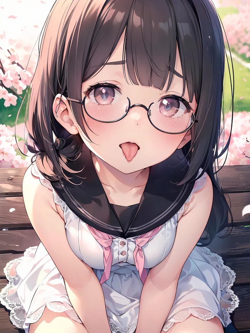 Very detailed, highest quality, High resolution, Moe Anime, ((A cute elementary school girl with black hair and droopy eyes)), ((Wearing large round glasses:1.4)), (Baby Face), Cute eyes, Detailed eye depiction, Sparkle in the eyes, View your viewers, Pale skin, (Big eyes:1.4, Droopy eyes:1.4, Fatty face:1.4), smile, Focus on the face, In the park with cherry blossoms falling, Sitting, (Extreme close up of tongue), (((From above))), Open your mouth, (((Face only:1.3))), ((white lace sleeveless dress)), Bright Eyes, Light from the front, (Put your hands between your legs:1.4), large and long tongue, Cleavage, Pink ribbon
