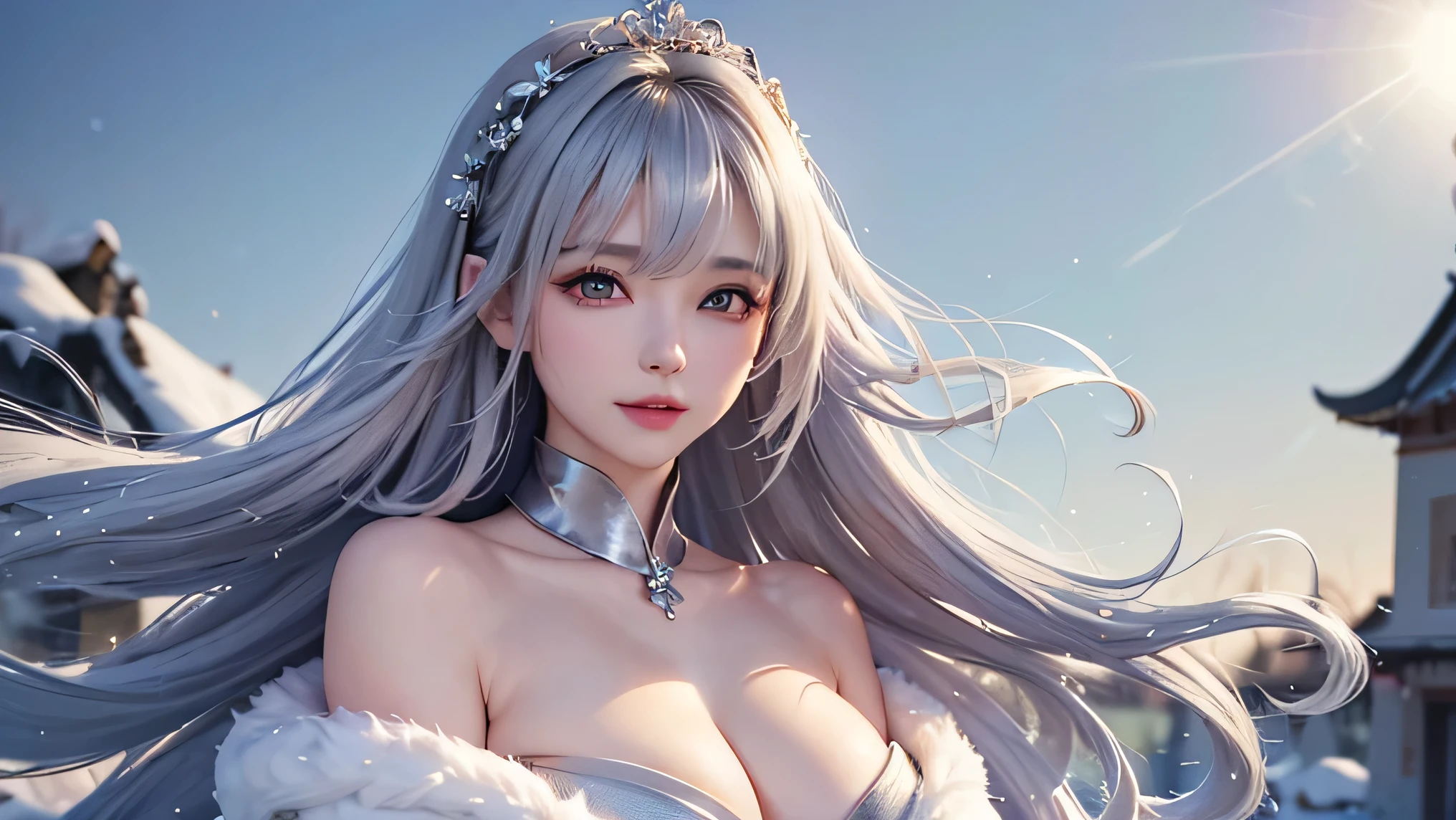 (breast enhancement:1.5)((masterpiece:1.5、8k、Portrait、Photorealistic and very detailed CG、Very detailed、Particle Effects、Dynamic Effects、Written boundary depth、Cinematic Light、Lens flare、Ray Tracing、Tabletop、Realistic:1.4、超A high resolution:1.2、Realistic、Realistic))((alone、A woman wearing a white fur long coat over an off-the-shoulder knit:1.4、Elegant woman posing:、Detailed face、Bright expression、Younger, brighter, whiter skin、Ample breasts、Best Looks、The ultimate beauty、Silver hair with dazzling highlights、Shiny bright hair,、Super long, silky curly hair、hair dancing in the wind))(morning、The setting is a snowy hill overlooking ruins.)

