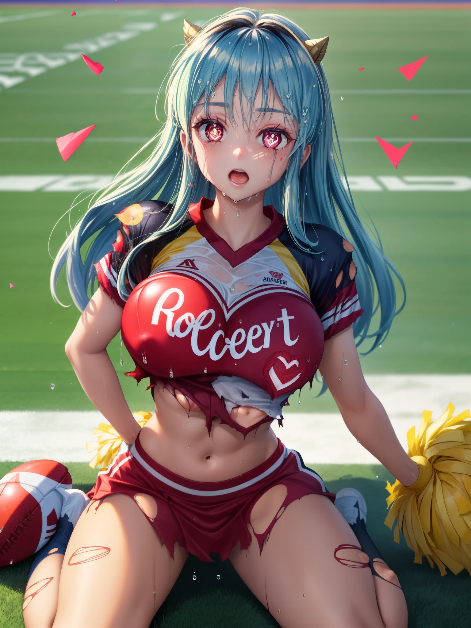 Ram Invaders, detailed, anime,(red: 1.2), (Torn clothes: 1.5) (Cheerleader uniforms: 1.2), Tabletop, highest quality, Open your mouth, tooth, 非常にdetailedな, Yellow Eyes, Cute eyes, detailed face, pretty girl, Big Chest, red面する, (Wet: 1.2), chest, Nipple slip, (Normal position:1.2), (Nipples: 1.2), (On a football field full of people: 1.2), (Heart-shaped pupils: 1.5)