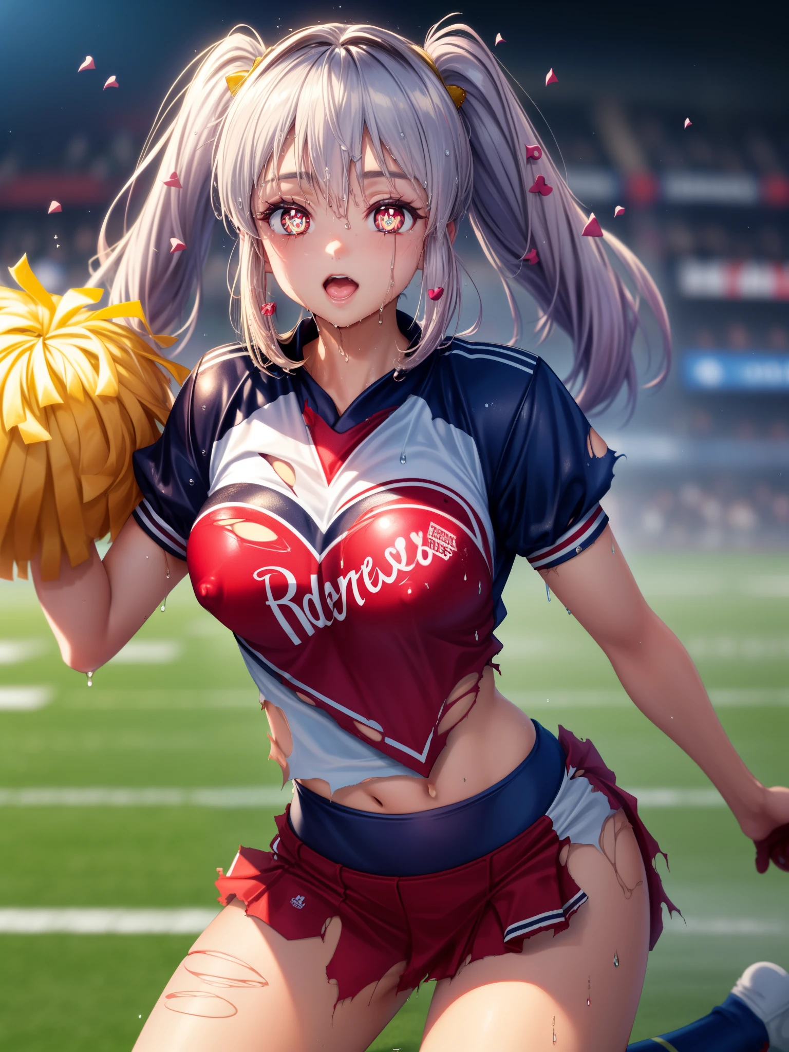 Ram Invaders, detailed, anime,(red: 1.2), (Torn clothes: 1.5) (Cheerleader uniforms: 1.2), Tabletop, highest quality, Open your mouth, tooth, 非常にdetailedな, Yellow Eyes, Cute eyes, detailed face, pretty girl, Big Chest, red面する, (Wet: 1.2), chest, Nipple slip, (Normal position:1.2), (Nipples: 1.2), (On a football field full of people: 1.2), (Heart-shaped pupils: 1.5)