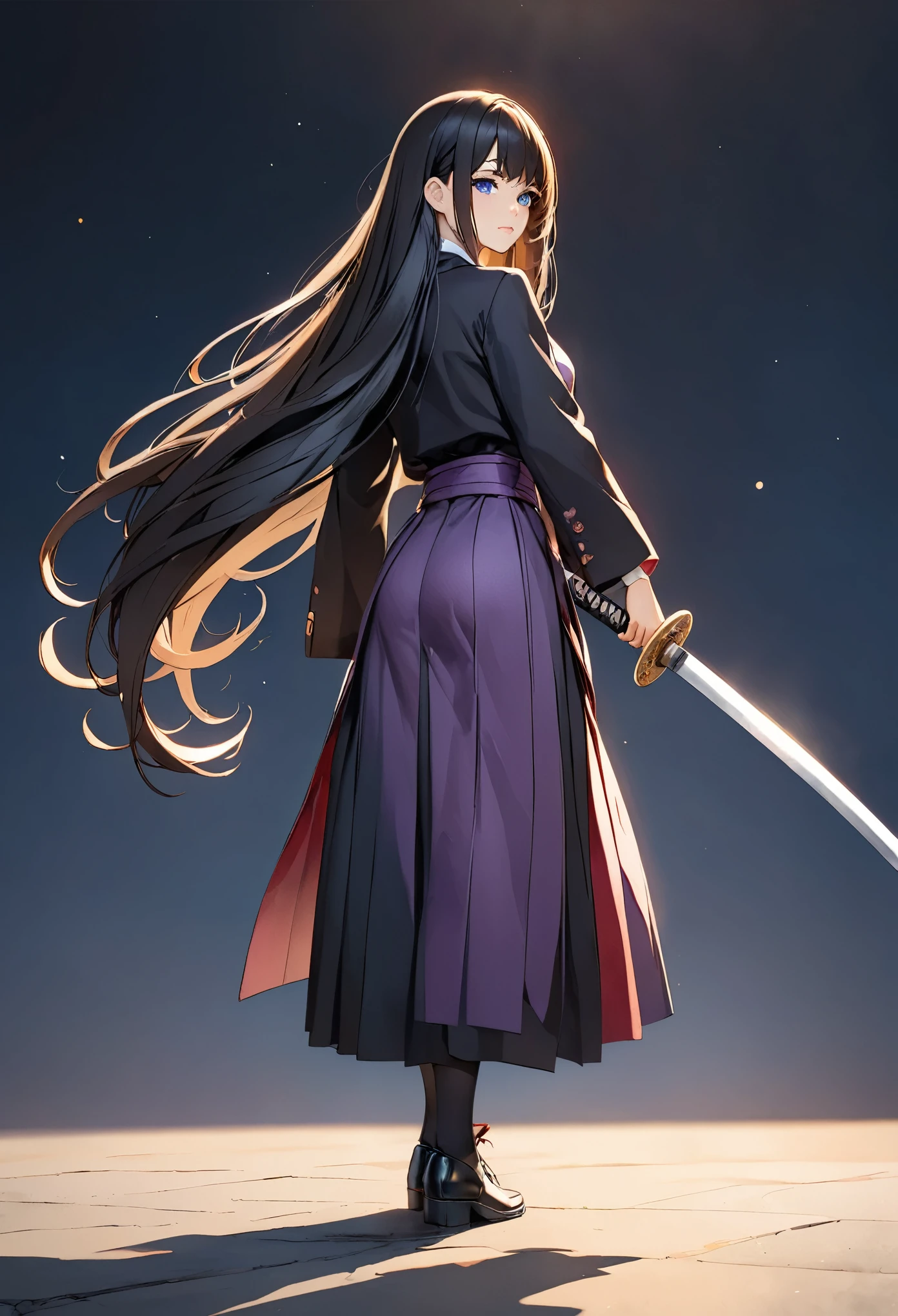 anime girl with blue eyes and black long straight hair colegial clothes full body holding a katana backside purple