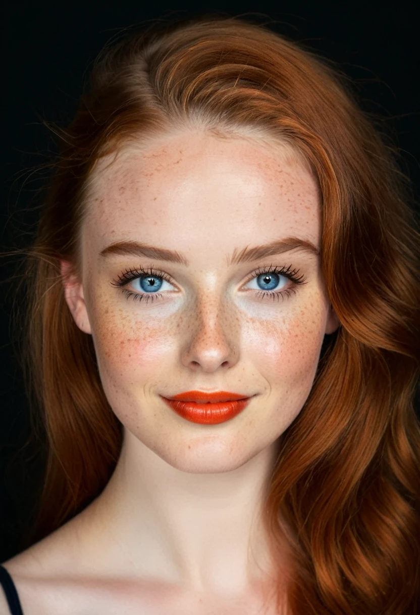 portrait, (big_smile:1.5) with (open_mouth:1.4),(perfect_teeth:1.5), (shiny_metallic_bright-red_lipstick:1.4), (voluminous_long_beautiful_thick_shiny_vivid_(ginger_hair:1.2):1.4)_with_large_curls, (intense_expression:1.3),  (orgasm:1.3),(shiny_metallic_copper_eyeshadow:1.4) , ((glossy_skin:1.6)_with_(freckles:1.5):1.2), stunning_((18_year_old_ginger_girl)), (cute_petite_nose:1.5), (seductive_symmetrical_blue_eyes:1.1), (long_full_eyelashes:1.2), hyperdetailed photography, soft light, cover_model, (thick_eyebrows:1.3) (gaunt_cheeks), (simple_black_background:1.6),((18_year_old_eleanor_tomlinson_face:1.2) mixed with (18_year_old_margot_robbie_model_face):1.2)