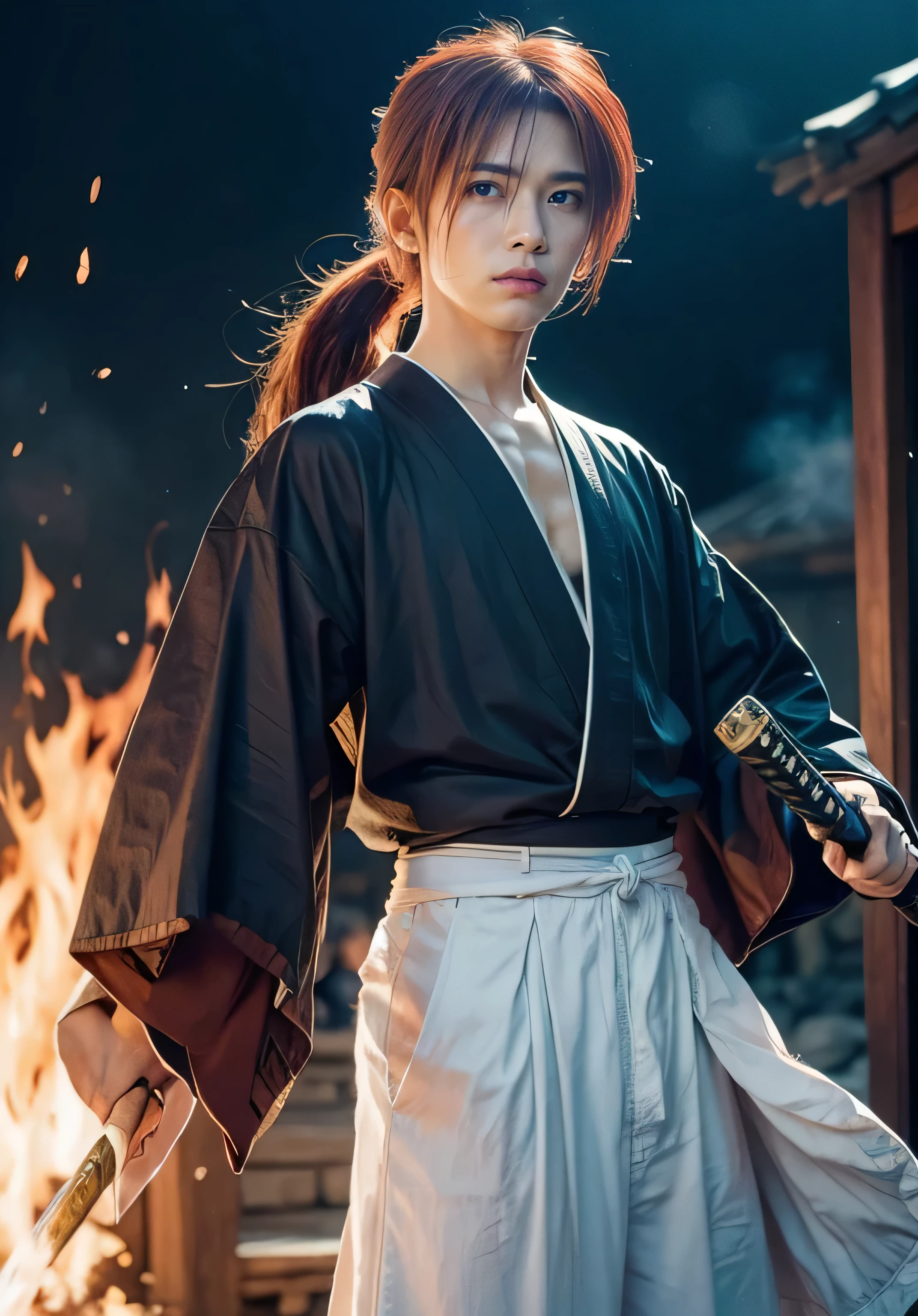 Design amazing postereatures kenshin as the protagonist "Rurouni Kenshin" In the heat of the moment. Capture the essence of his burning determination and indomitable spirit. For he unleashed his anger. Action with a straight sword in hand, Keep it short, Bold, And strongly convey the raw power of Kenshin's anger. Long Hair, ponytail, Red Hair, katana,  cross sign in left cheek,  High quality, photorealistic, 20-year-old man, holding a Katana in his hand, surrounded by fire. The man has a determined posture,  He is wearing a red kimono with intricate patterns, paired with a white hakama .The lighting is realistic, emphasizing the intensity of the scene.