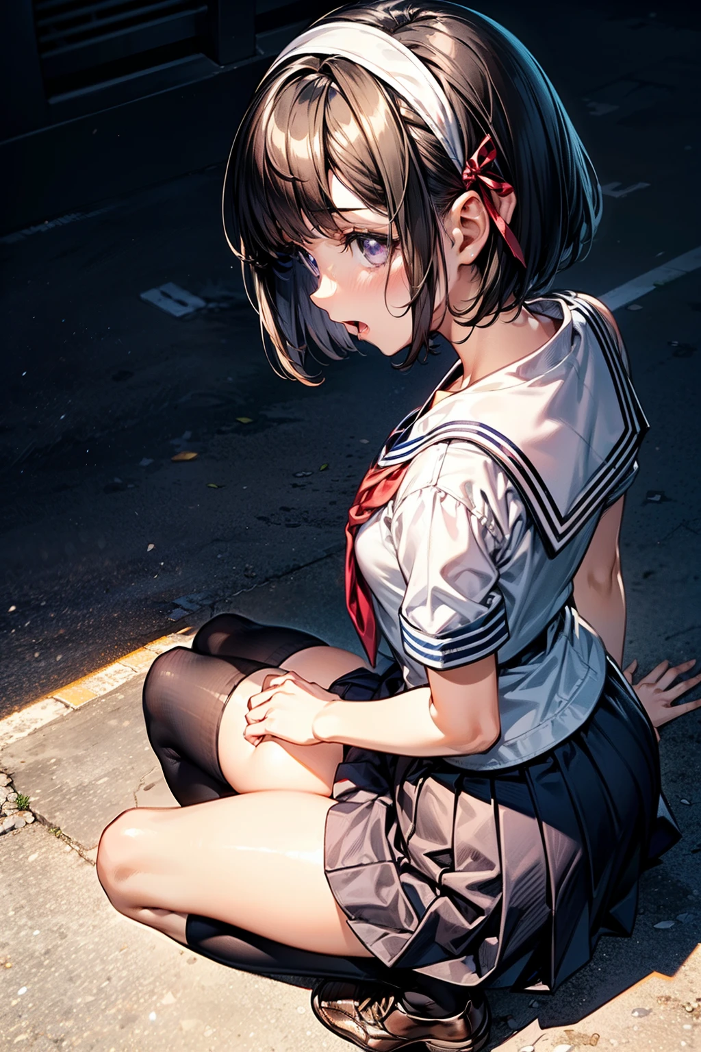 Body eight times longer than head, (Highly detailed CG Unity 8K), (highest quality)，(Very detailed)，(Ultra-high resolution), Black Hair, High school girl wearing a navy sailor suit, Anime 2D Rendering, Realistic young anime school girl, ((White headband)), Purple eyes, Small breasts, expensive, Slanted Eyes, (School Scene), Black Stockings, Bright colors, Open your mouth, Dark Blue Skirt, Bobcut, position looking down from above, Stumbling on the right foot, Lean forward, Bend your knees, sit, Put your butt on the ground,  Looking back pose, Sorry face,