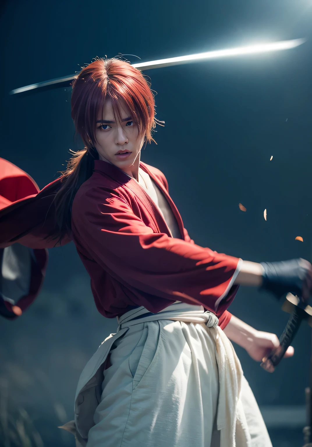 Design amazing postereatures kenshin as the protagonist "Rurouni Kenshin" In the heat of the moment. Capture the essence of his burning determination and indomitable spirit. For he unleashed his anger. Action with a straight sword in hand, Keep it short, Bold, And strongly convey the raw power of Kenshin's anger. Long Hair, ponytail, Red Hair, katana, cross sign in left cheek, High quality, photorealistic, 20-year-old man, holding a Katana in his hand, surrounded by fire. The man has a determined posture, He is wearing a red kimono with intricate patterns, paired with a white hakama .The lighting is realistic, emphasizing the intensity of the scene.