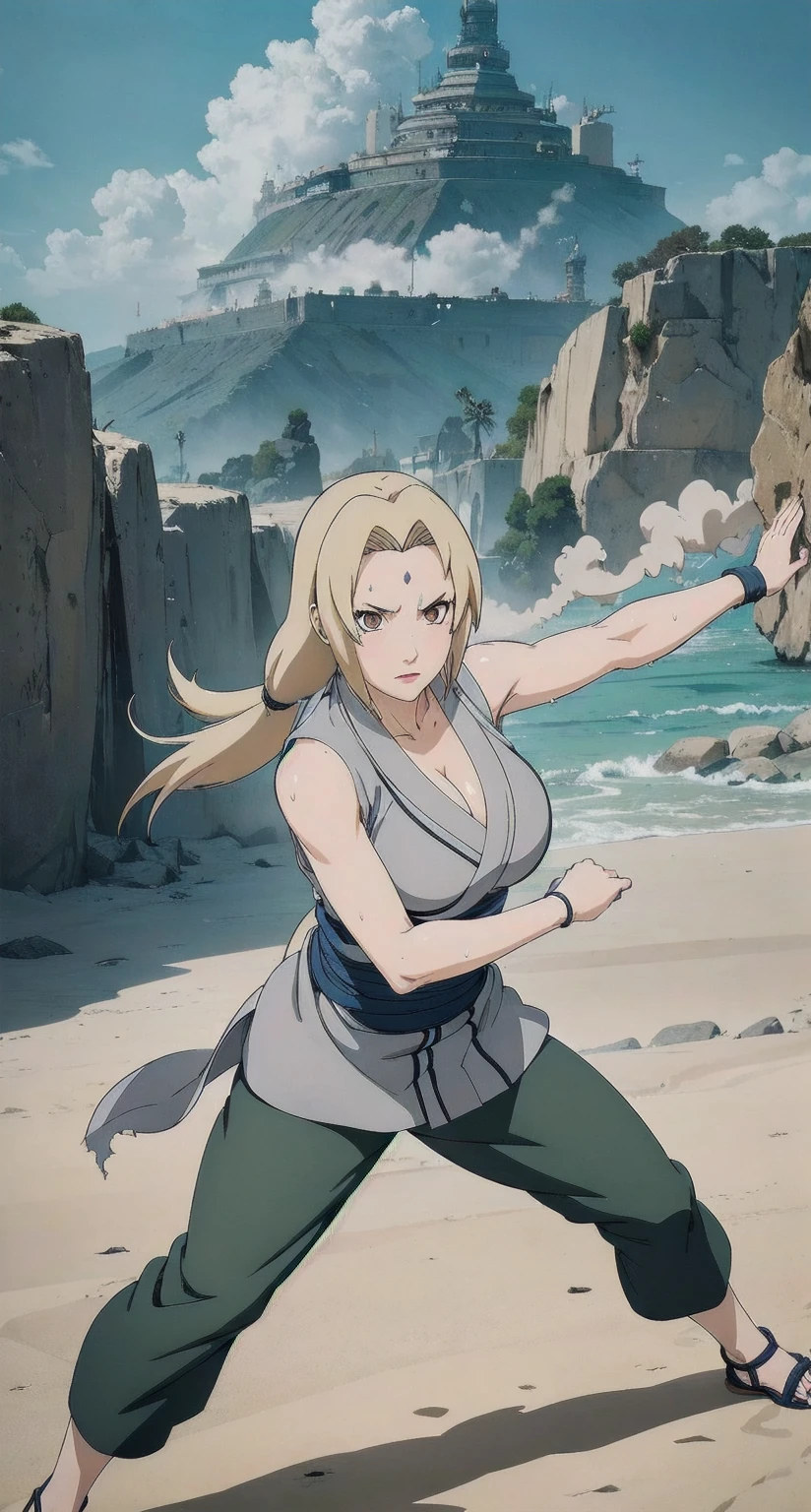 (masterpiece, highest quality:1.2), alone, One Girl, Tsunade Defense, Forehead mark, View your audience、((Battle Scenes、Fighting Pose、Sweat、sand smoke、Rocky area、wood、pants、No sleeve、Torn clothes、Large areola、chest))、Beautiful girl with beautiful details, Professional photography illumination, Highly detailed eyes and face, Beautiful eyes in every detail、Beautiful detailed hair, Beautiful and exquisite cold face、anime