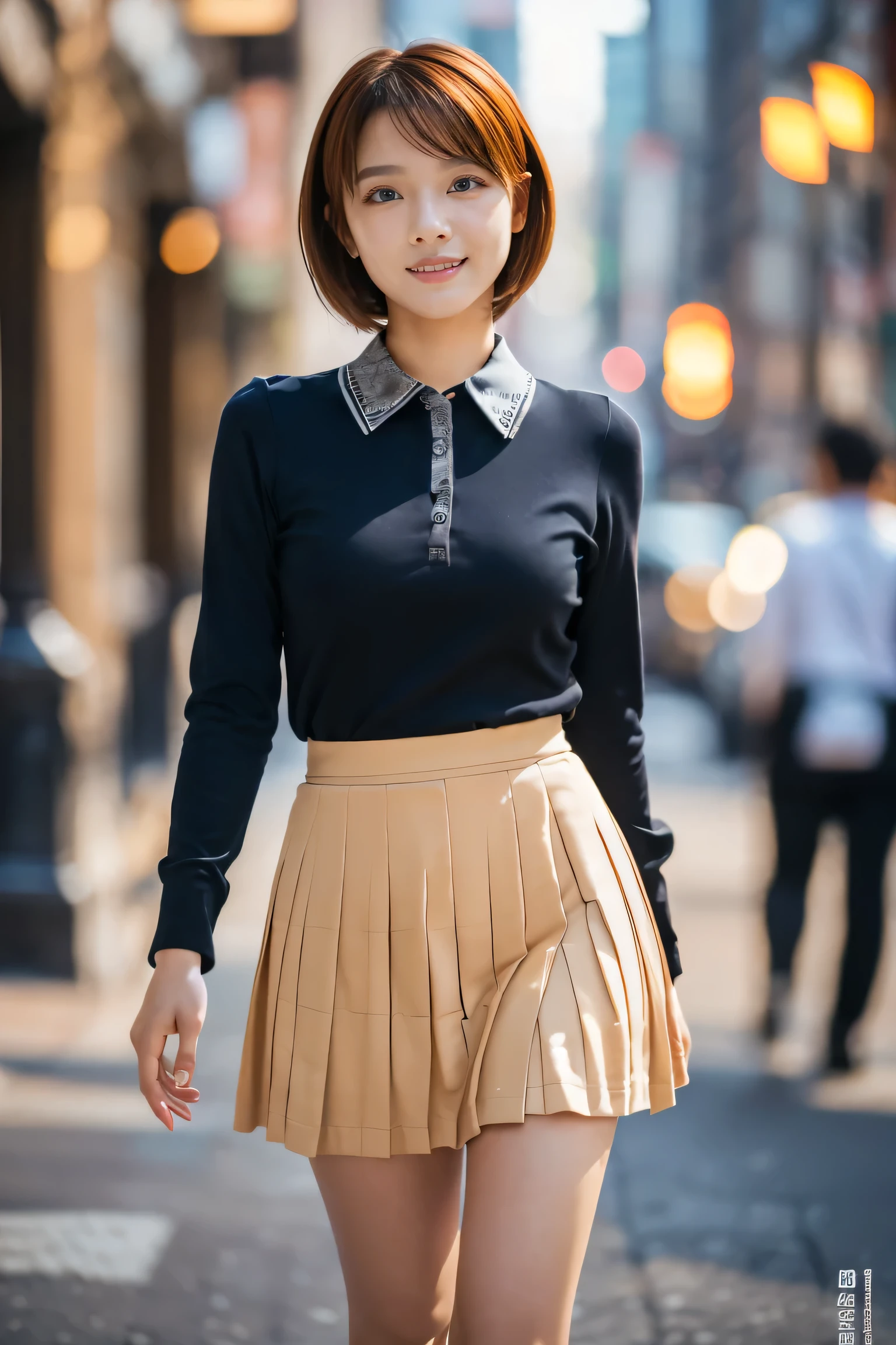 (18-year-old female), (The best quality at its best:1.4), (Super detailed), (Very detailed CG unified 16k), Beautiful woman with perfect figure: 1.4, Sharp focus: 1.2, Very detailed, High-quality RAW color photos, Professional photography, Great face and eyes, Beautiful eyelashes、cosmetics, (Amazingly beautiful girl), ((blouse, Pleated mini skirt)), Are standing, Sexy posture,(Stylish cityscape, dawn:1.3), (View from below), Realistic movie faces, Wide zoomed out view of head to foot length, Full body long view, Realistic, ((Realistic natural orange red hairstyle, Realistic blue eyes, Short Bob Hair)), nice, Very beautiful face, Perfect model beauty, Mouth swelling, Highly detailed face and skin texture, Fine grain, double eyelid, Medium chest, smile, Crack, west, (masterpiece), highest quality, High resolution, Very detailed, Blurred Background, Depth of written boundary, Cinema Lighting, Great legs, High heels, Clear, well-maintained skin, (((Women make up the majority of the photo)))