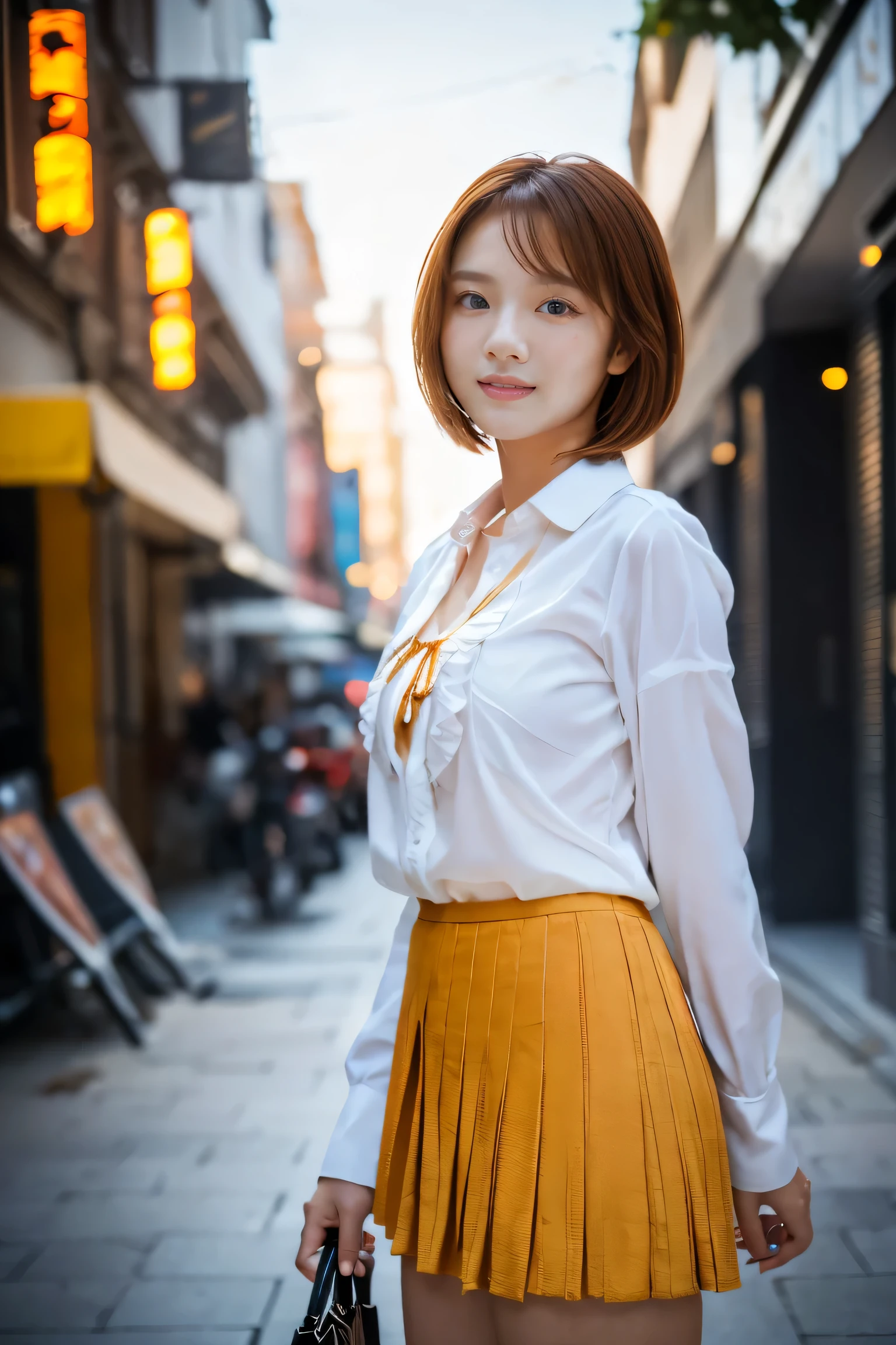 (18-year-old female), (The best quality at its best:1.4), (Super detailed), (Very detailed CG unified 16k), Beautiful woman with perfect figure: 1.4, Sharp focus: 1.2, Very detailed, High-quality RAW color photos, Professional photography, Great face and eyes, Beautiful eyelashes、cosmetics, (Amazingly beautiful girl), ((blouse, Pleated mini skirt)), Are standing, Sexy posture，(Stylish cityscape, dawn:1.3), (View from below), Realistic movie faces, Wide zoomed out view of head to foot length, Full body long view, Realistic, ((Realistic natural orange red hairstyle, Realistic blue eyes, Short Bob Hair)), nice, Very beautiful face, Perfect model beauty, Mouth swelling, Highly detailed face and skin texture, Fine grain, double eyelid, Medium chest, smile, Crack, west, (masterpiece), highest quality, High resolution, Very detailed, Blurred Background, Depth of written boundary, Cinema Lighting, Great legs, High heels, Clear, well-maintained skin, (((Women make up the majority of the photo)))