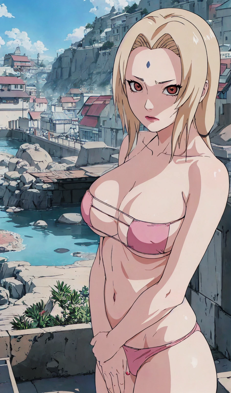 (masterpiece, highest quality:1.2), alone, One Girl, Tsunade Defense, Forehead mark, View your audience、((Embarrassing、Outdoor、audience、Natural light、Pink Bikini))、Beautiful girl with beautiful details, Professional photography lighting, Highly detailed eyes and face, Beautiful eyes in every detail、Beautiful detailed hair, Beautiful and exquisite cold face、anime