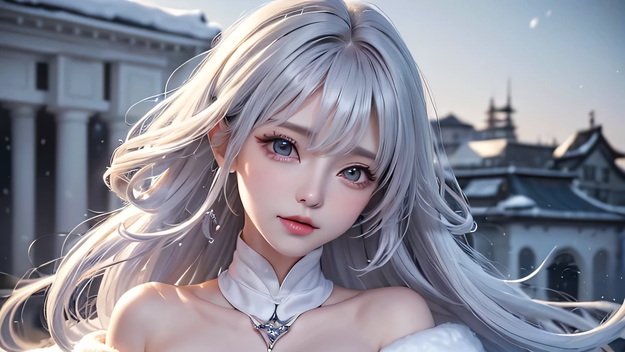 ((masterpiece:1.5、8k、Portrait、Photorealistic and very detailed CG、Very detailed、Particle Effects、Dynamic Effects、Written boundary depth、Cinematic Light、Lens flare、Ray Tracing、Tabletop、Realistic:1.4、超A high resolution:1.2、Realistic、Realistic))((alone、A woman wearing a white fur long coat over an off-the-shoulder knit:1.4、Elegant woman posing:、Detailed face、Bright expression、Younger, brighter, whiter skin、Ample breasts、Best Looks、The ultimate beauty、Silver hair with dazzling highlights、Shiny bright hair,、Super long, silky curly hair、hair dancing in the wind))(morning、The setting is a snowy hill overlooking ruins.)