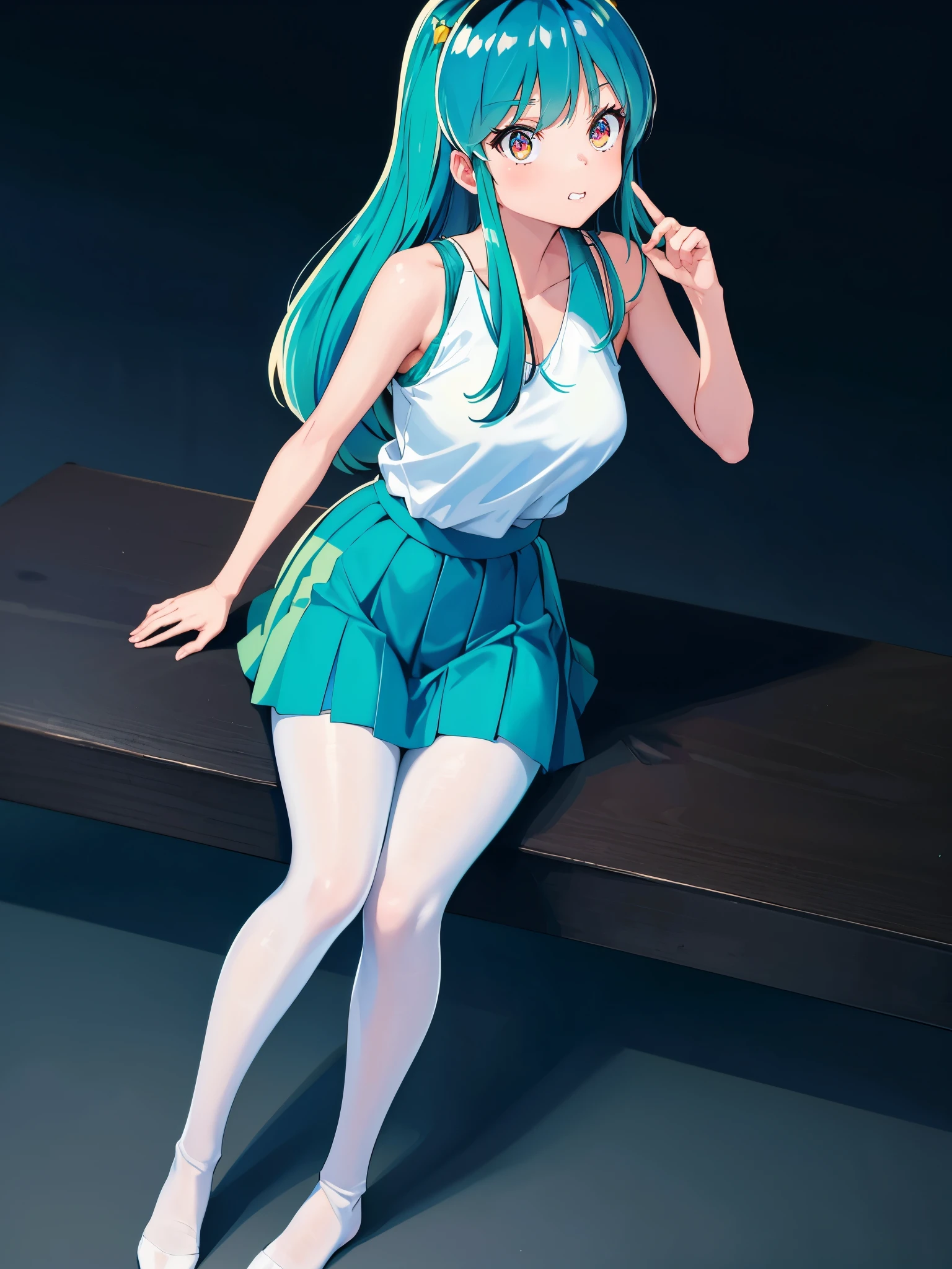 (One Girl),(high quality), (High resolution), (Very detailed), (In 8K),(Lower Body Shot),Lum from Urusei Yatsura wears a transparent, navy blue pleated skirt.),(Wearing black pantyhose)No shoes,Perfect lighting,(Beautiful erect nipple shape:1.1),High resolutionの美しい目,(Neutral white lighting:1.2),Simple Background,Sit with your legs apart