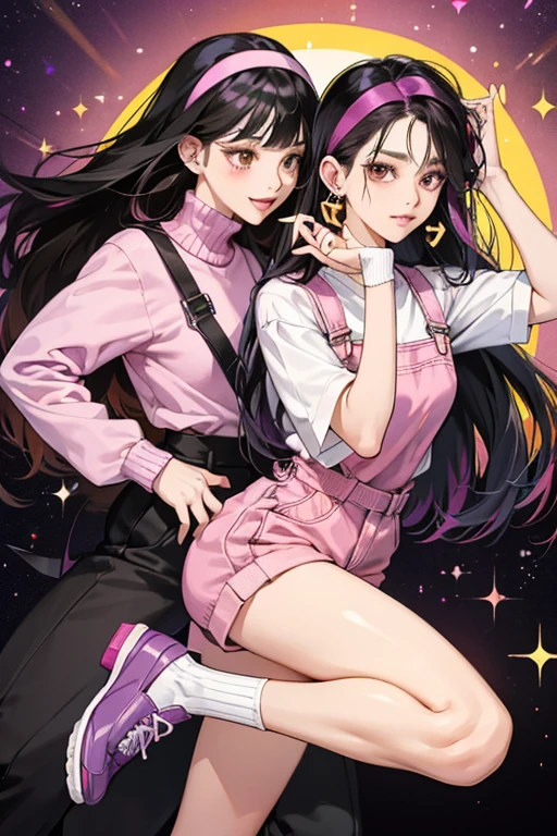  Korean-Canadian  with fair skin, brown eyes with the bright purple eyeshadow, and long, straight, black hair that forms into a brown ombre. She wears a glittery purplish-pink headband, golden and orange heart earrings, a purplish-pink turtleneck sweater with purple overalls that feature different colored (mostly in the palette of dark pink and orange) flowers on it. She also has the word "cool" in hot pink stitch on one leg above the flower, and a smiley face on the other. She also wears white socks and auburn shoes, while she has a lavender watch on her right arm and a rainbow friendship bracelet on her left. SPARKLE; GLITTER