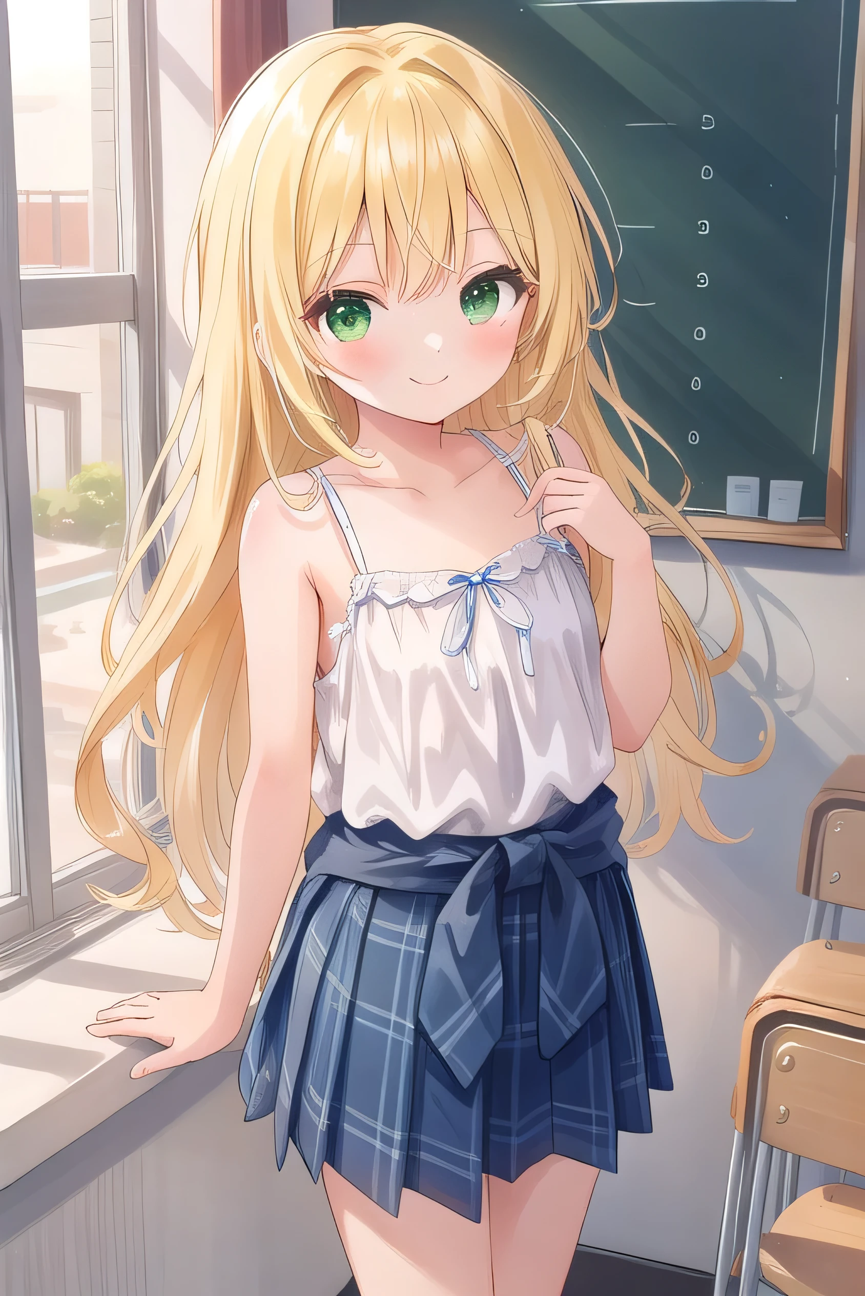 Blonde, elementary school student, green eyes, long hair to the waist, elementary school student, kind smile, short, 9 years old, 135cm tall, hair hanging outside，Satin Cami