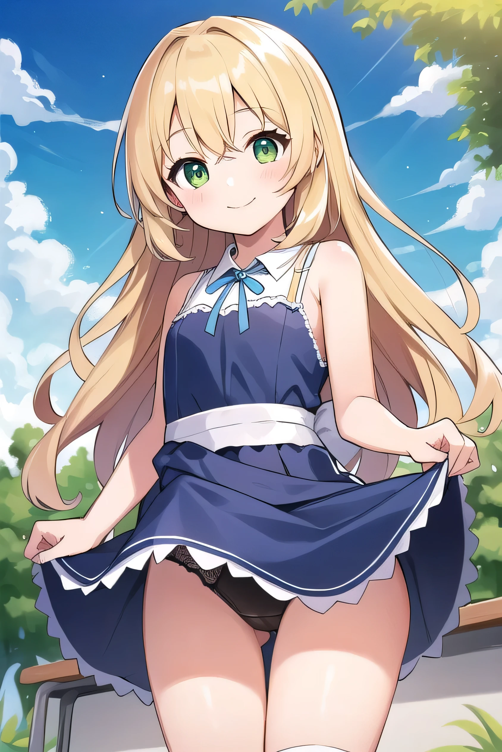 Blonde, , green eyes, long hair to the waist, elementary school studentars old, 135cm tall, blue sky, hair hanging outsrie Set