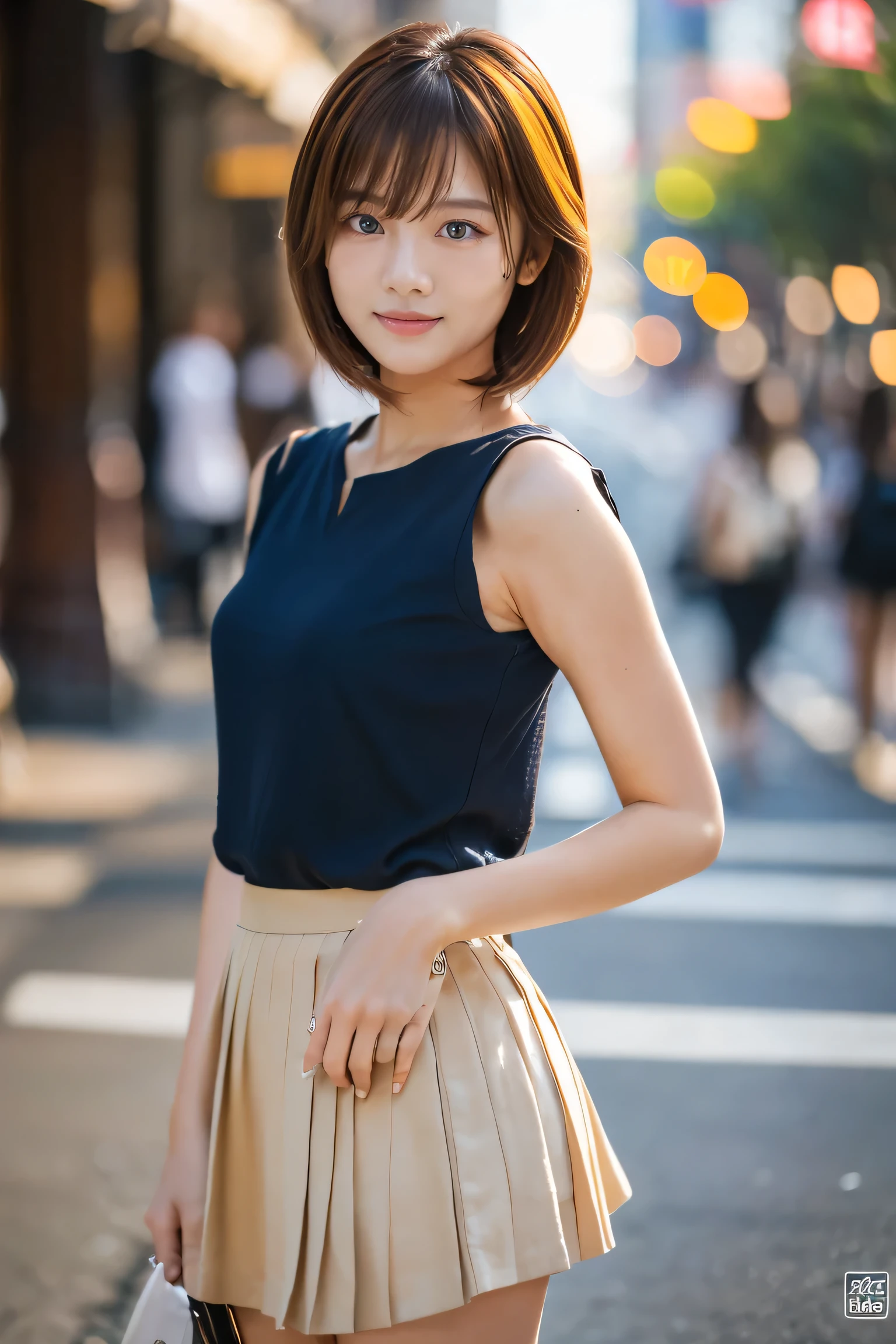 (18-year-old female), (The best quality at its best:1.4), (Super detailed), (Very detailed CG unified 16k), Beautiful woman with perfect figure: 1.4, Sharp focus: 1.2, Very detailed, High-quality RAW color photos, Professional photography, Great face and eyes, Beautiful eyelashes、cosmetics, (Amazingly beautiful girl), ((blouse, Pleated mini skirt)), Are standing, Sexy posture,(Stylish cityscape, dawn:1.3), (View from below), Realistic movie faces, Wide zoomed out view of head to foot length, Full body long view, Realistic, ((Realistic natural orange red hairstyle, Realistic blue eyes, Short Bob Hair)), nice, Very beautiful face, Perfect model beauty, Mouth swelling, Highly detailed face and skin texture, Fine grain, double eyelid, Medium chest, smile, Crack, west, (masterpiece), highest quality, High resolution, Very detailed, Blurred Background, Depth of written boundary, Cinema Lighting, Great legs, High heels, Clear, well-maintained skin, (((Women make up the majority of the photo)))