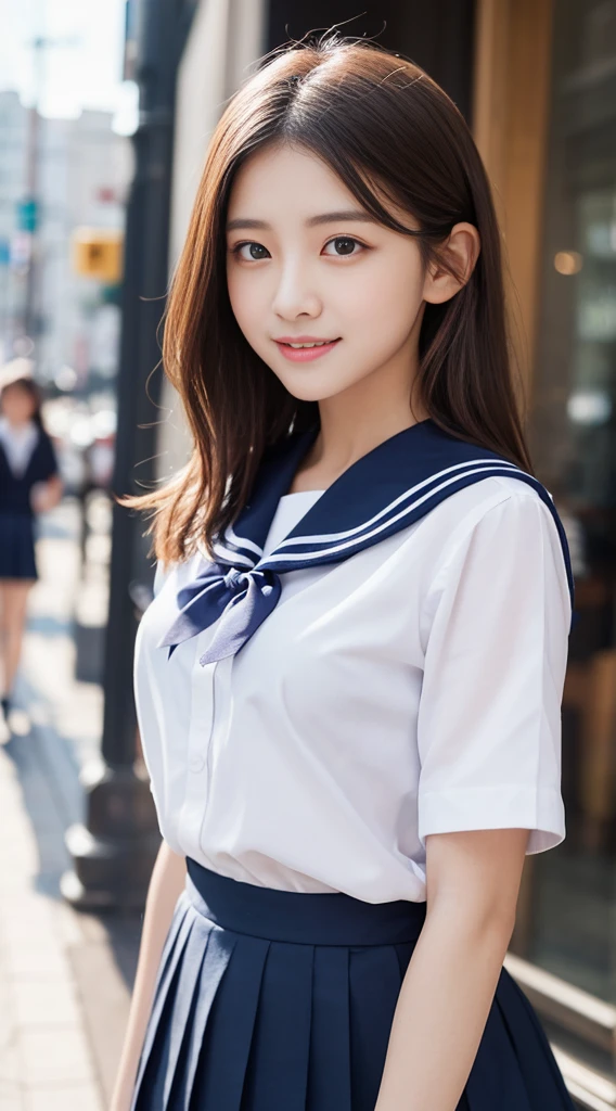 ((highest quality,8k,masterpiece:1.3)),Beautiful woman,One Girl,、(Her idol-like face is cute:1.3),Slender :1.1,(White shirt、Sailor 、Navy blue pleated skirt:1.3), (whole body :1.2), Laughter,Small milk,Long Bob Hair ,Long Hair、Bans、Highly detailed face,Highly detailed lipouth wide open,Fine grain,Attractive eyes,double eyelid, Sexy figure、