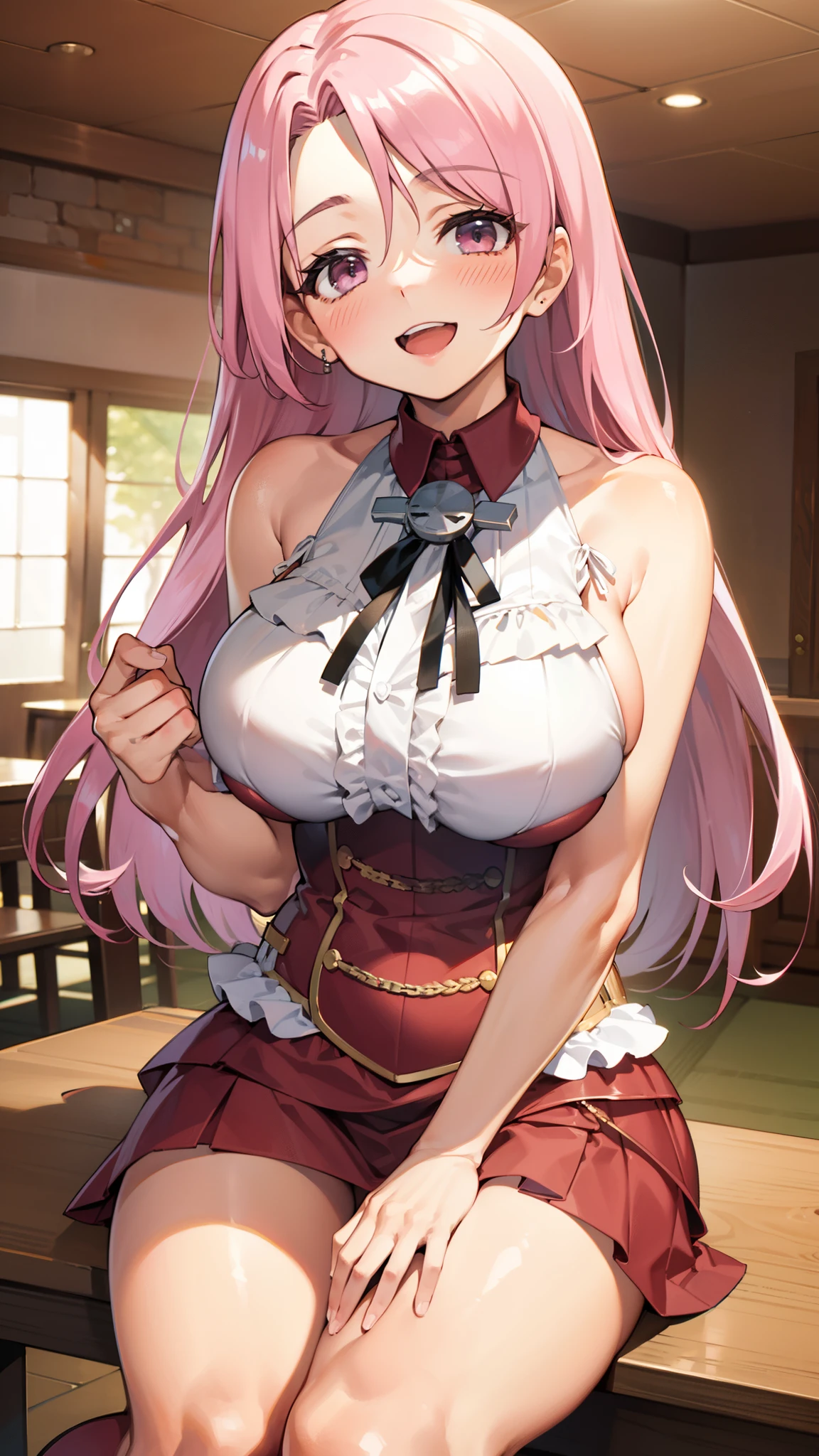 ,Open mouth,big breasts,wide hips,,,pink hair,long hair,blush,,smile,,indoor,,skirt,milf,from fron,sitting on chair