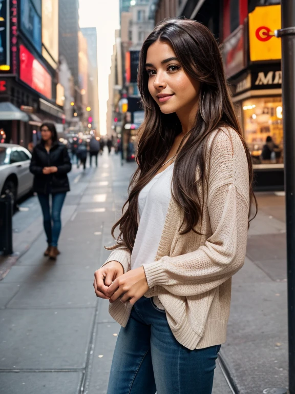 photorealistic full body street photograph of a 25-year-old Latin girl with long, flowing brown hair and striking brown eyes. She should have a natural, approachable smile and be illuminated by soft, natural light. She should eating food, perhaps ice cream. The background should be metropolitan city setting, perhaps a morning in New York City. Capture this image with a high-resolution photograph using an 50mm lens for a flattering perspective