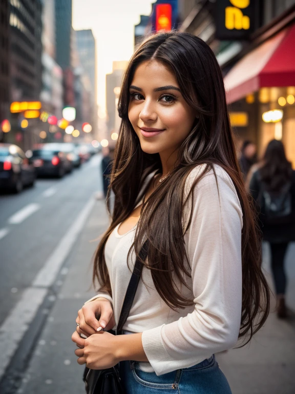 photorealistic full body street photograph of a 25-year-old Latin girl with long, flowing brown hair and striking brown eyes. She should have a natural, approachable smile and be illuminated by soft, natural light. She should eating food, perhaps ice cream. The background should be metropolitan city setting, perhaps a morning in New York City. Capture this image with a high-resolution photograph using an 50mm lens for a flattering perspective