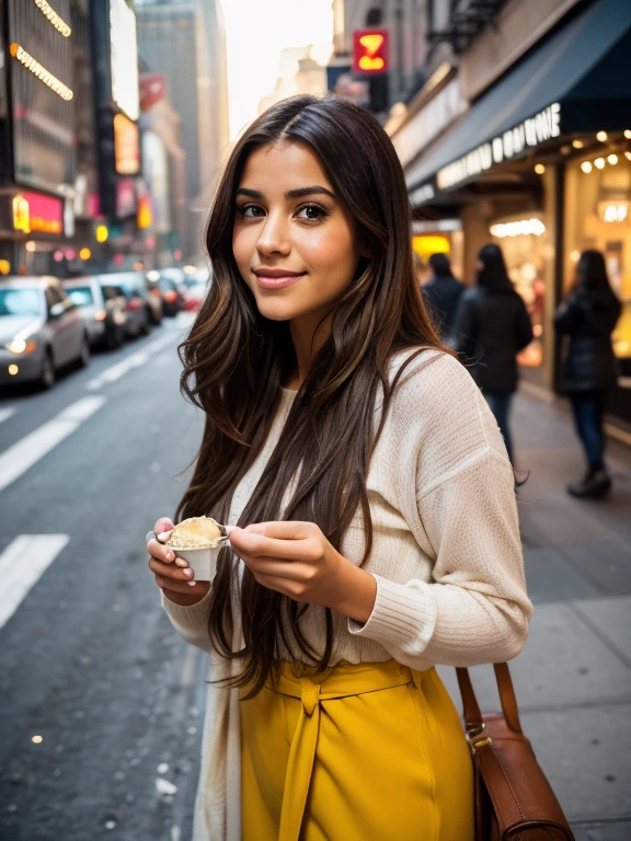 photorealistic full body street photograph of a 25-year-old Latin girl with long, flowing brown hair and striking brown eyes. She should have a natural, approachable smile and be illuminated by soft, natural light. She should eating food, perhaps ice cream. The background should be metropolitan city setting, perhaps a morning in New York City. Capture this image with a high-resolution photograph using an 50mm lens for a flattering perspective