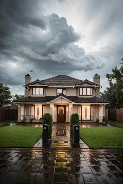 looking towards house whilst raining, front view of house with  outside in rain, ((4k)), ((masterpeice)).