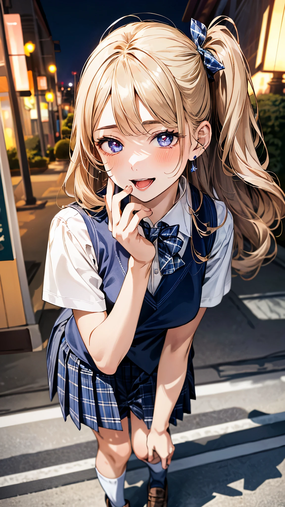 (masterpiece:1.3, top-quality, ultra high res, ultra detailed), (realistic, photorealistic:1.4), beautiful illustration, perfect lighting, natural lighting, colorful, depth of fields, surrealism,
beautiful detailed hair, beautiful detailed face, beautiful detailed eyes, beautiful clavicle, beautiful body, beautiful chest, beautiful thigh, beautiful legs, beautiful fingers, shiny skin, babyface,
looking at viewer, selfie, 1 girl, japanese, high school girl, (perfect anatomy, anatomically correct, super detailed skin), cute and symmetrical face, perfect face, perfect eyes,
(long hair, (two side up), straight hair, sandy beige hair), asymmetrical bangs, blue eyes, big eyes, long eyelashes, (large breasts:1.2, seductive thighs), slender, outstanding style,
((detailed cloth texture, break,break, white collared shirt, break,break, navy blue suit vest, break,break, blue plaid pleated skirt, break,break, purple blue bow tie), socks, black loafer),
(beautiful scenery), evening, (downtown), (standing, leaning forward, ), (heart shaped pupils, :3, aroused, ahegao, orgasm, in heat, naughty face, seductive smile, open mouth small),