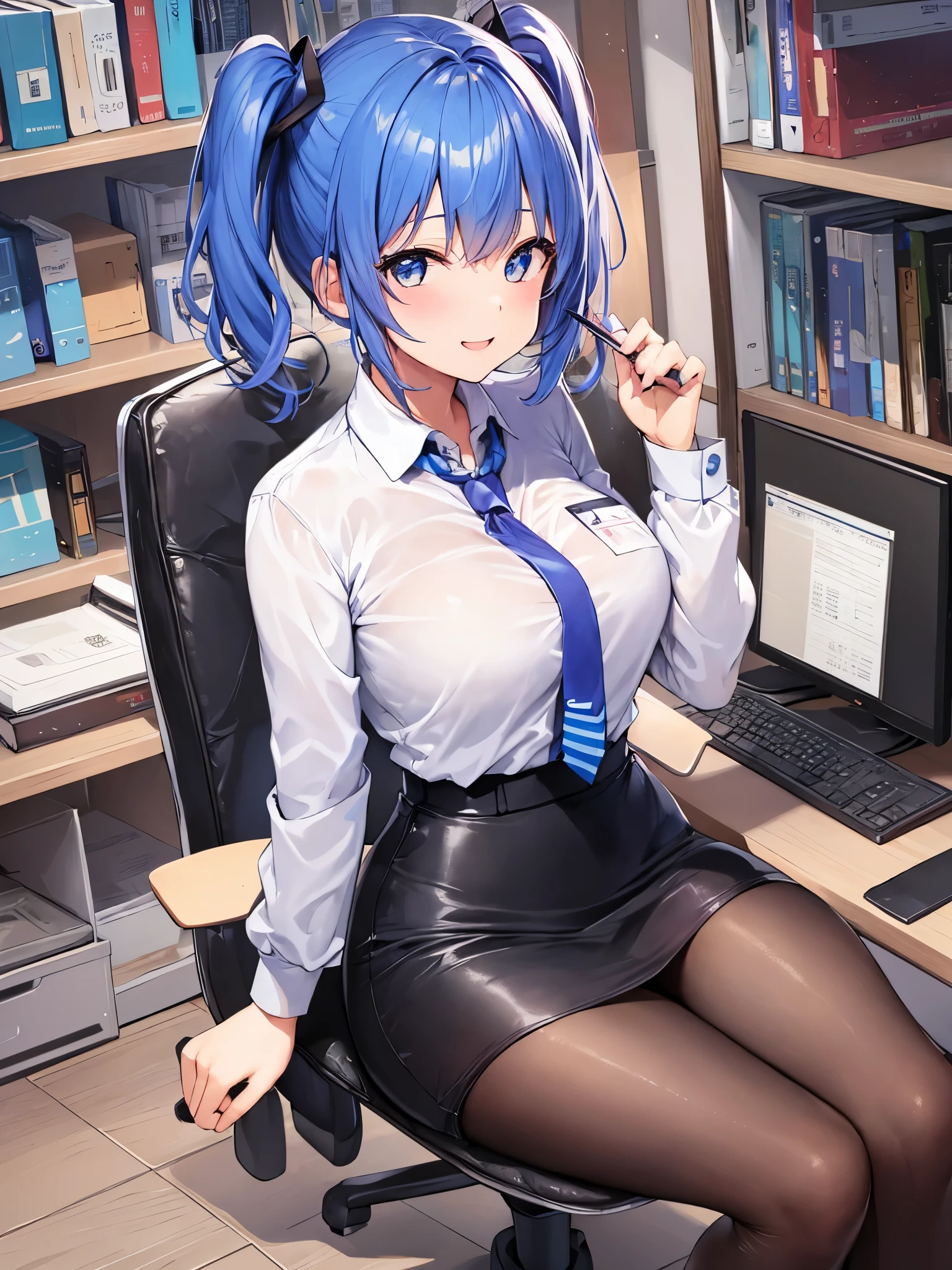 masterpiece、Best image quality、超A high resolution、miku hatsune、Blue Hair、Twin tails、short hair、Cute Smile、White dress shirt、Pencil Skirt、officeレディのベスト、Firm breasts、Shapely breasts、Black Pantyhose、sitting in an office chair、office