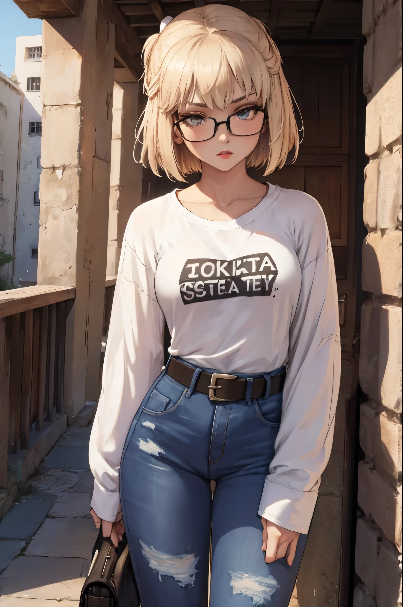 leonie pinelli, Blonde hair ,short hair ,1girl, solo, standing, black t-shirt, white shirt, blue jeans, belt, lipstick, eyewear on head,
