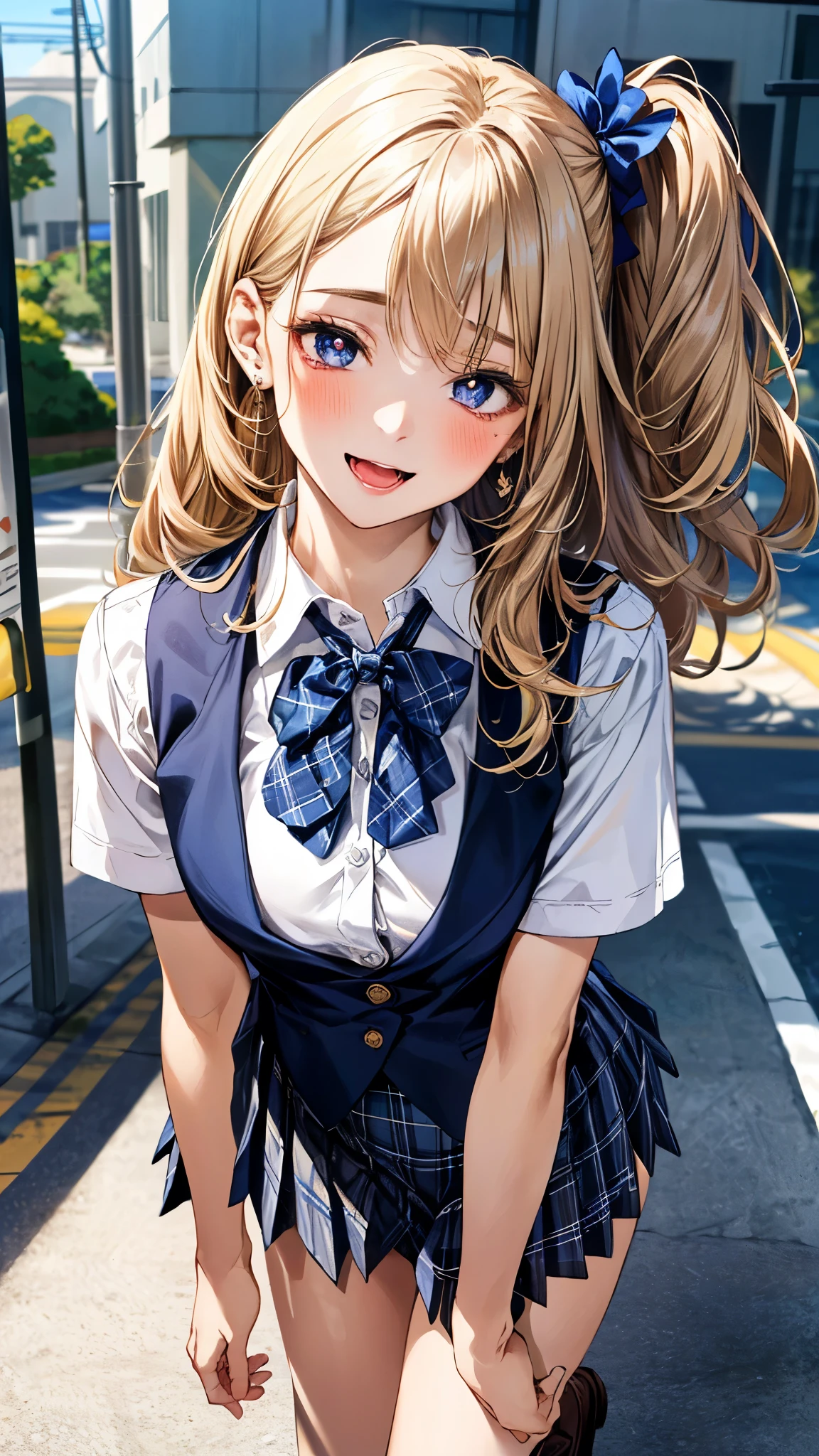 (masterpiece:1.3, top-quality, ultra high res, ultra detailed), (realistic, photorealistic:1.4), beautiful illustration, perfect lighting, natural lighting, colorful, depth of fields, surrealism, 
beautiful detailed hair, beautiful detailed face, beautiful detailed eyes, beautiful clavicle, beautiful body, beautiful chest, beautiful thigh, beautiful legs, beautiful fingers, shiny skin, babyface, 
looking at viewer, selfie, 1 girl, japanese, high school girl, (perfect anatomy, anatomically correct, super detailed skin), cute and symmetrical face, perfect face, perfect eyes, 
(long hair, (two side up), straight hair, sandy beige hair), asymmetrical bangs, blue eyes, big eyes, long eyelashes, (large breasts:1.2, seductive thighs), slender, outstanding style, 
((detailed cloth texture, break,break, white collared shirt, break,break, navy blue suit vest, break,break, blue plaid pleated skirt, break,break, purple blue bow tie), socks, black loafer), 
(beautiful scenery), evening, (downtown), (standing, leaning forward, ), (heart shaped pupils, :3, aroused, ahegao, orgasm, in heat, naughty face, seductive smile, open mouth small),