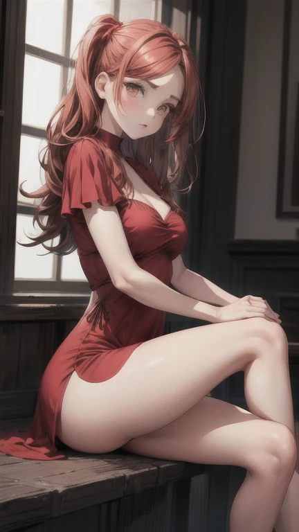 (Obra maestra, mejor calidad), 1 chica, pelo rubio, vestido rojo, pantys, cara linda, rubor,