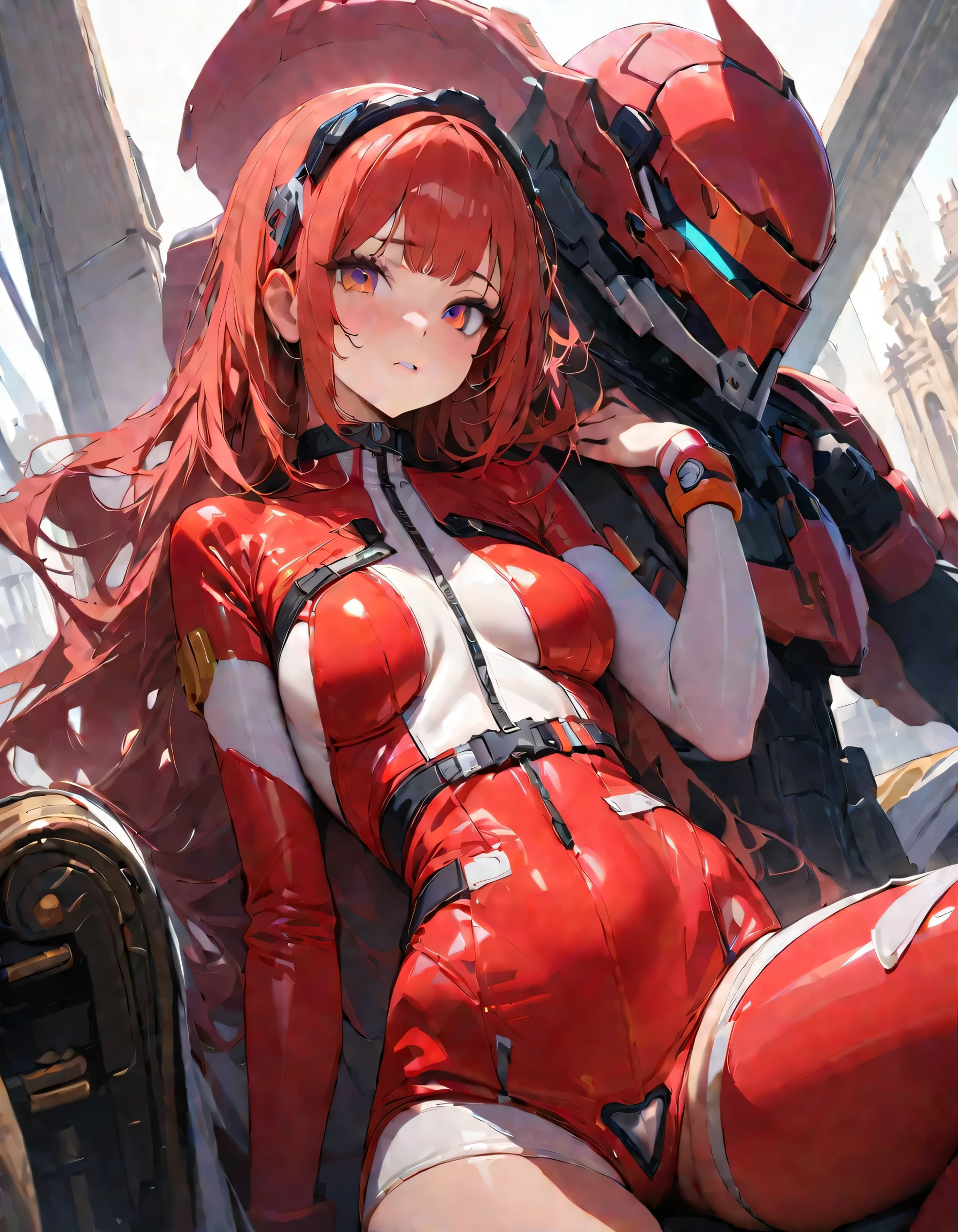 An absurd solution, High resolution, (masterpiece: 1.4), Super detailed, One young woman, Short Red Hair, Pilot Suit, Rich Princess, I'm sitting in a very small, enclosed mecha control room, looking out the window., The window allows you to see the blue planet in space (1.5), The expression is excited, The mecha control room is in space、(highest quality、masterpiece、High resolution、detailed)、anime style、Flat Style、(Shining Eyes、Beautiful Face), BREAK,1 girl、Extremely detailed official moe anime art、(The Shining), Best lighting, Best Shadow、High saturation,Dynamic Angle、anime